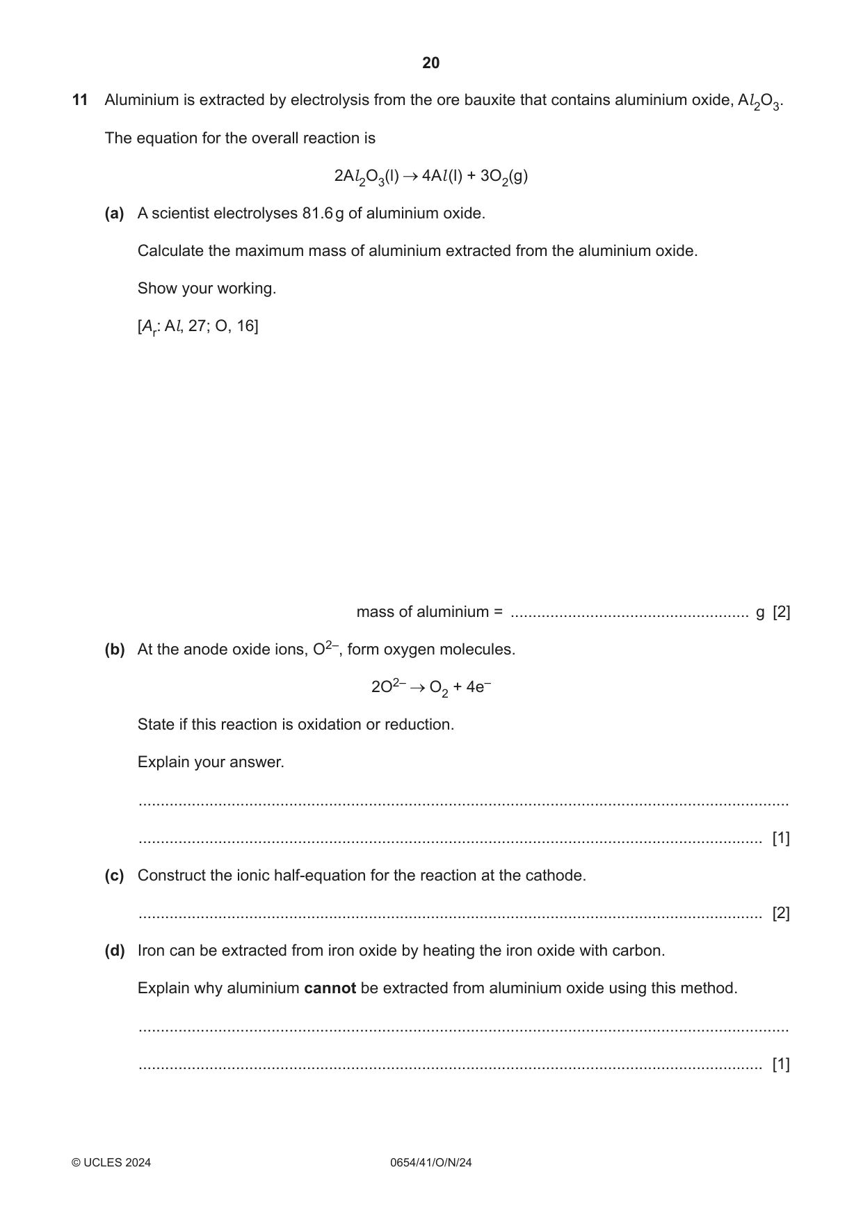 Cambridge IGCSE Sciences - Co-ordinated (Double) 0654 2024 Oct/Nov Paper 4 · Variant 1 question paper, page 20 of 24