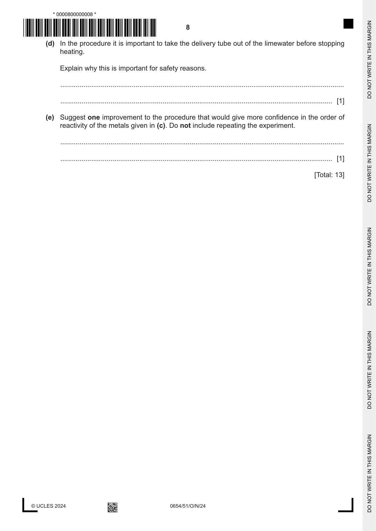 Cambridge IGCSE Sciences - Co-ordinated (Double) 0654 2024 Oct/Nov Paper 5 · Variant 1 question paper, page 8 of 20