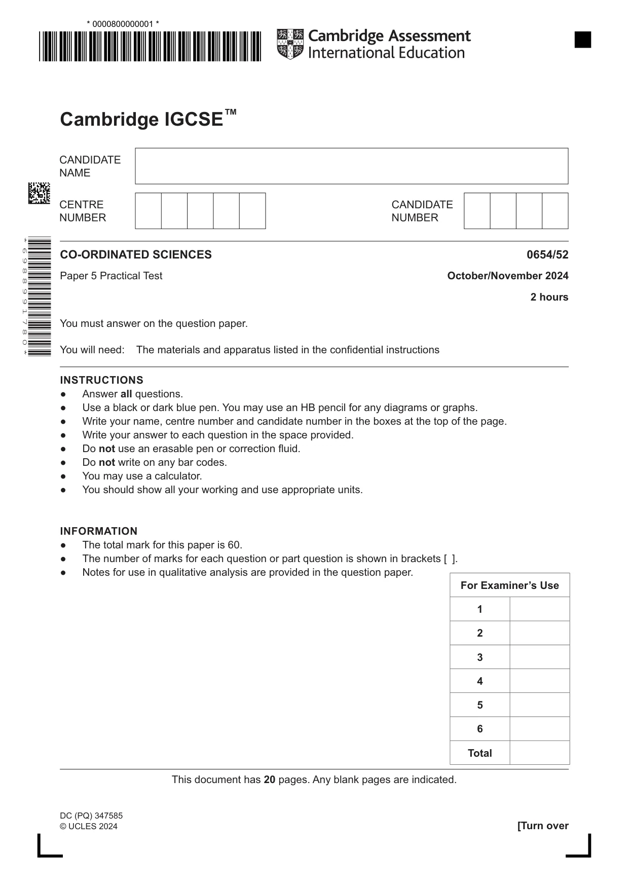 Cambridge IGCSE Sciences - Co-ordinated (Double) 0654 2024 Oct/Nov Paper 5 · Variant 2 question paper, page 1 of 20