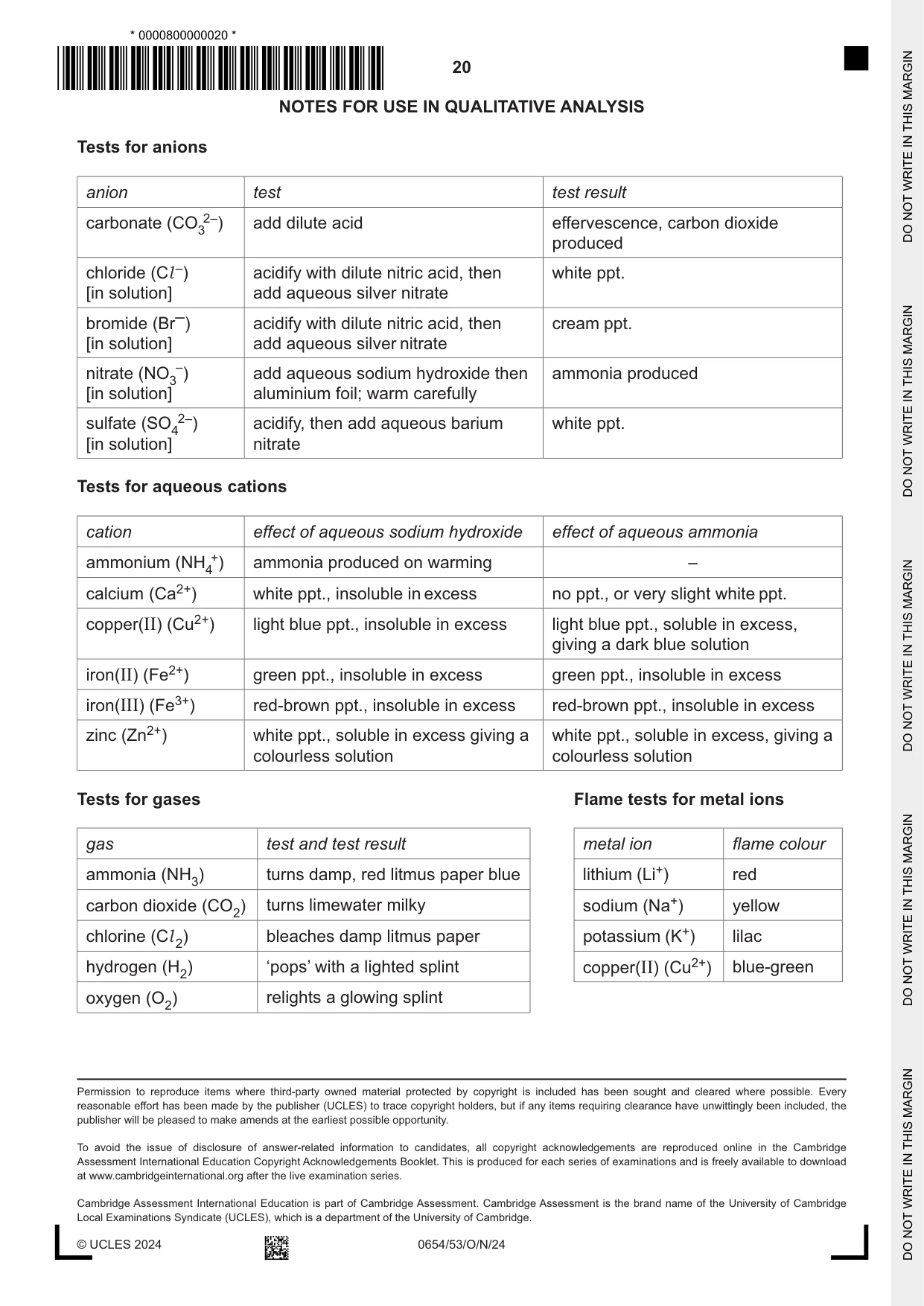 Cambridge IGCSE Sciences - Co-ordinated (Double) 0654 2024 Oct/Nov Paper 5 · Variant 3 question paper, page 20 of 20