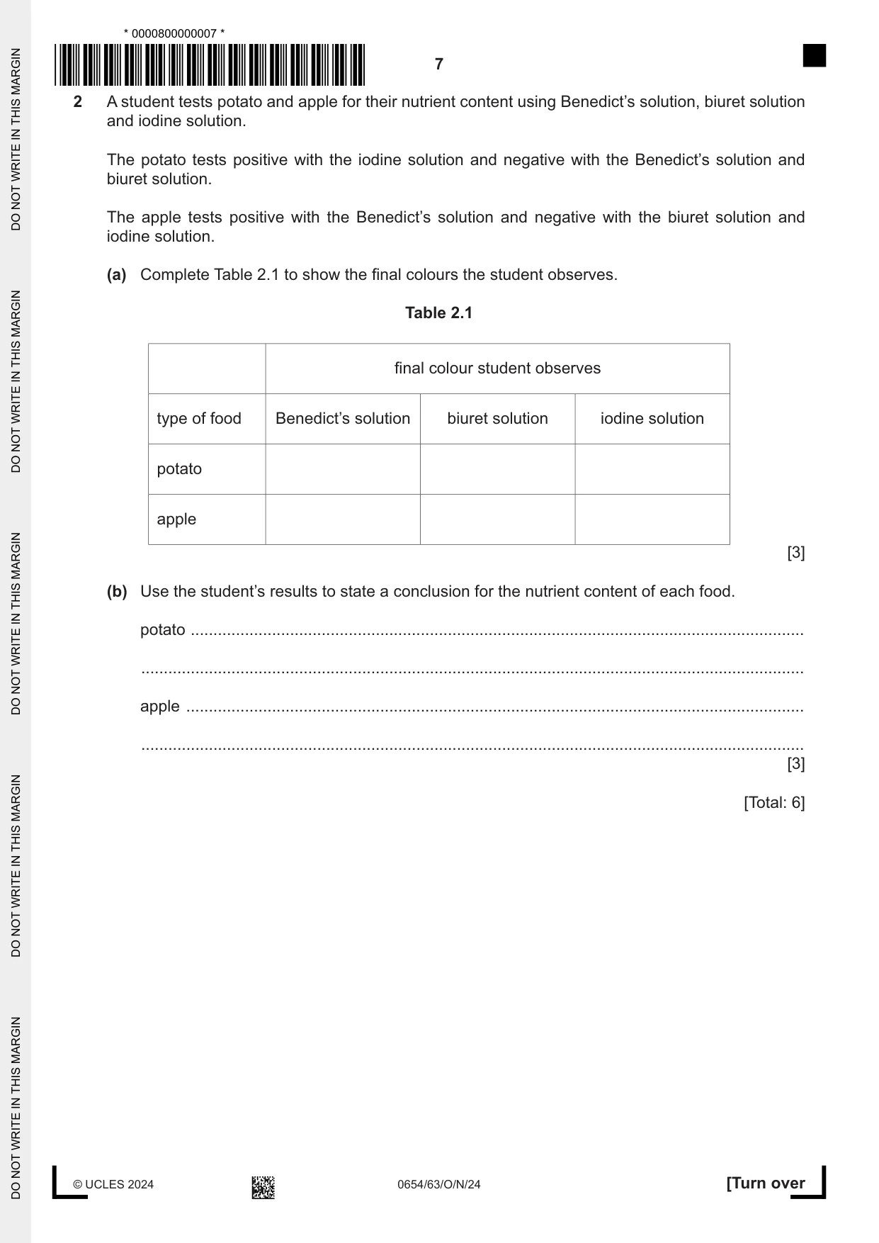 Cambridge IGCSE Sciences - Co-ordinated (Double) 0654 2024 Oct/Nov Paper 6 · Variant 3 question paper, page 7 of 20