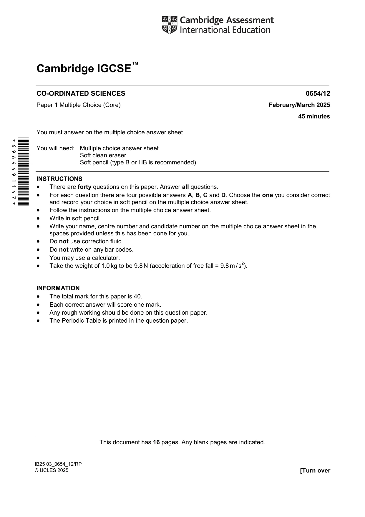 Cambridge IGCSE Sciences - Co-ordinated (Double) 0654 2025 Feb/March Paper 1 · Variant 2 question paper, page 1 of 16
