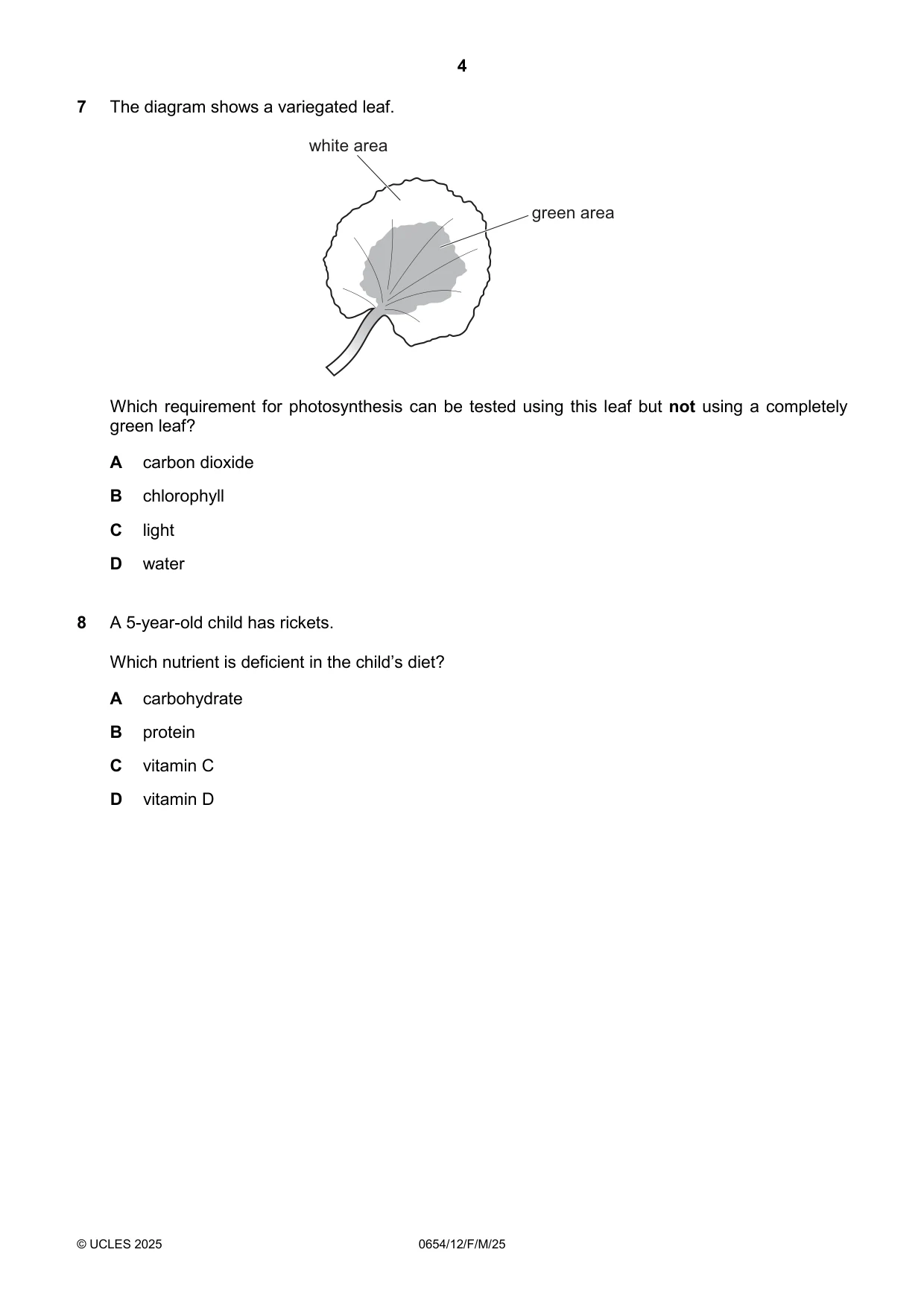 Cambridge IGCSE Sciences - Co-ordinated (Double) 0654 2025 Feb/March Paper 1 · Variant 2 question paper, page 4 of 16
