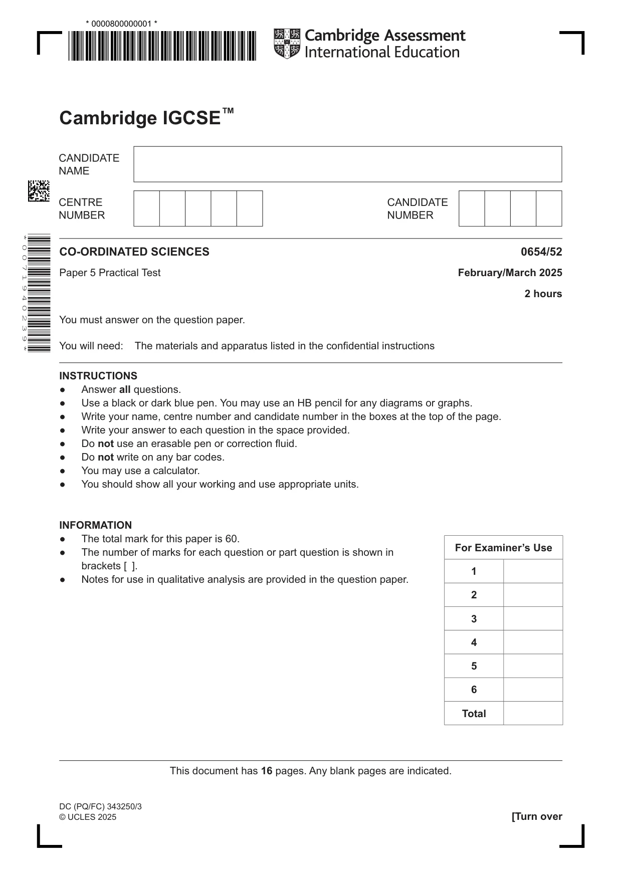 Cambridge IGCSE Sciences - Co-ordinated (Double) 0654 2025 Feb/March Paper 5 · Variant 2 question paper, page 1 of 16