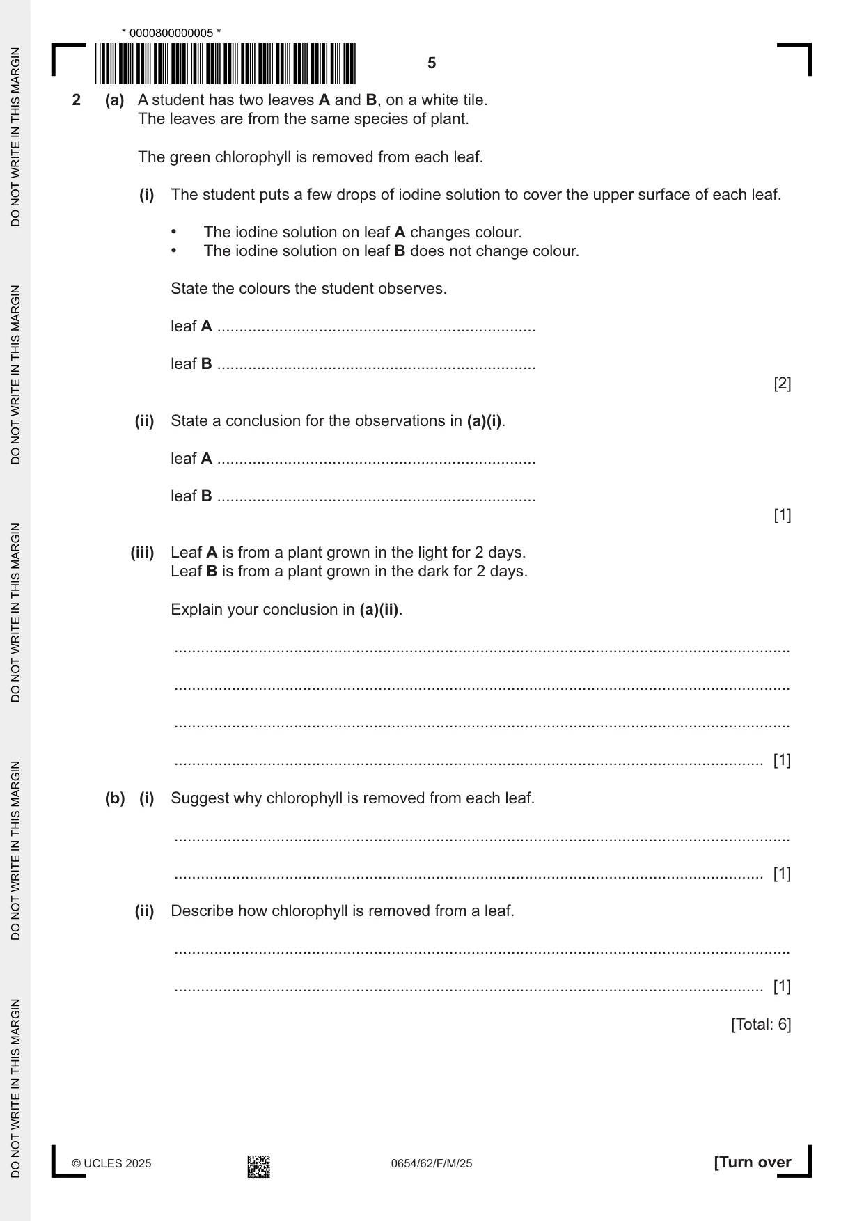 Cambridge IGCSE Sciences - Co-ordinated (Double) 0654 2025 Feb/March Paper 6 · Variant 2 question paper, page 5 of 20