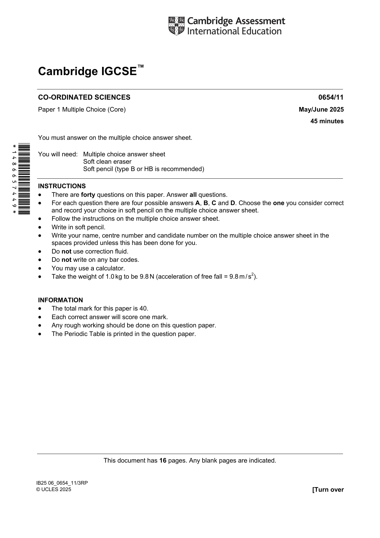 Cambridge IGCSE Sciences - Co-ordinated (Double) 0654 2025 May/June Paper 1 · Variant 1 question paper, page 1 of 16