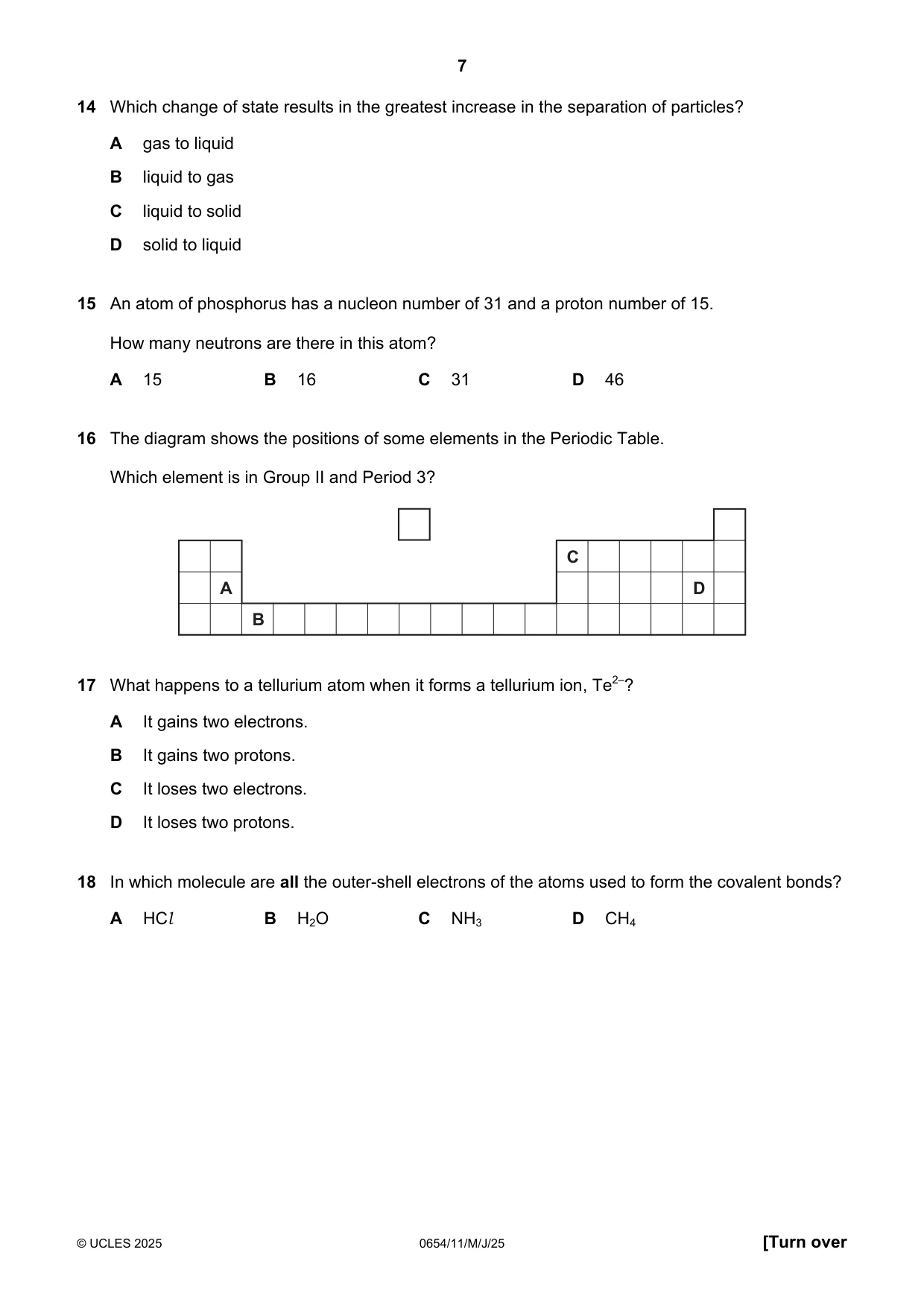 Cambridge IGCSE Sciences - Co-ordinated (Double) 0654 2025 May/June Paper 1 · Variant 1 question paper, page 7 of 16