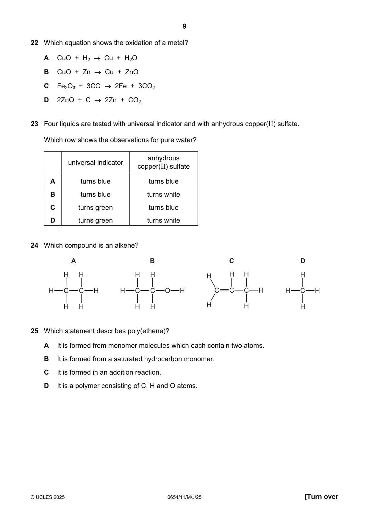 Cambridge IGCSE Sciences - Co-ordinated (Double) 0654 2025 May/June Paper 1 · Variant 1 question paper, page 9 of 16