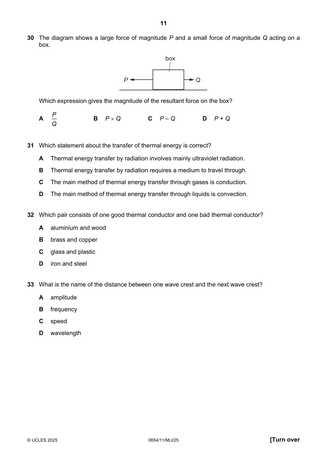Cambridge IGCSE Sciences - Co-ordinated (Double) 0654 2025 May/June Paper 1 · Variant 1 question paper, page 11 of 16