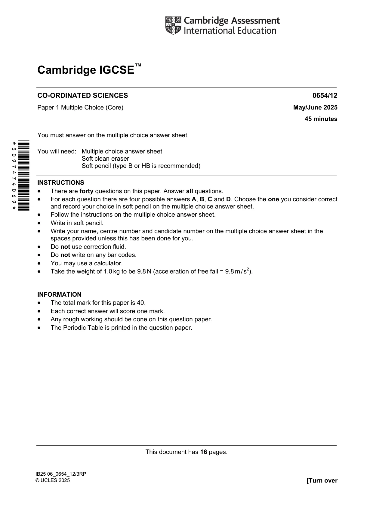 Cambridge IGCSE Sciences - Co-ordinated (Double) 0654 2025 May/June Paper 1 · Variant 2 question paper, page 1 of 16
