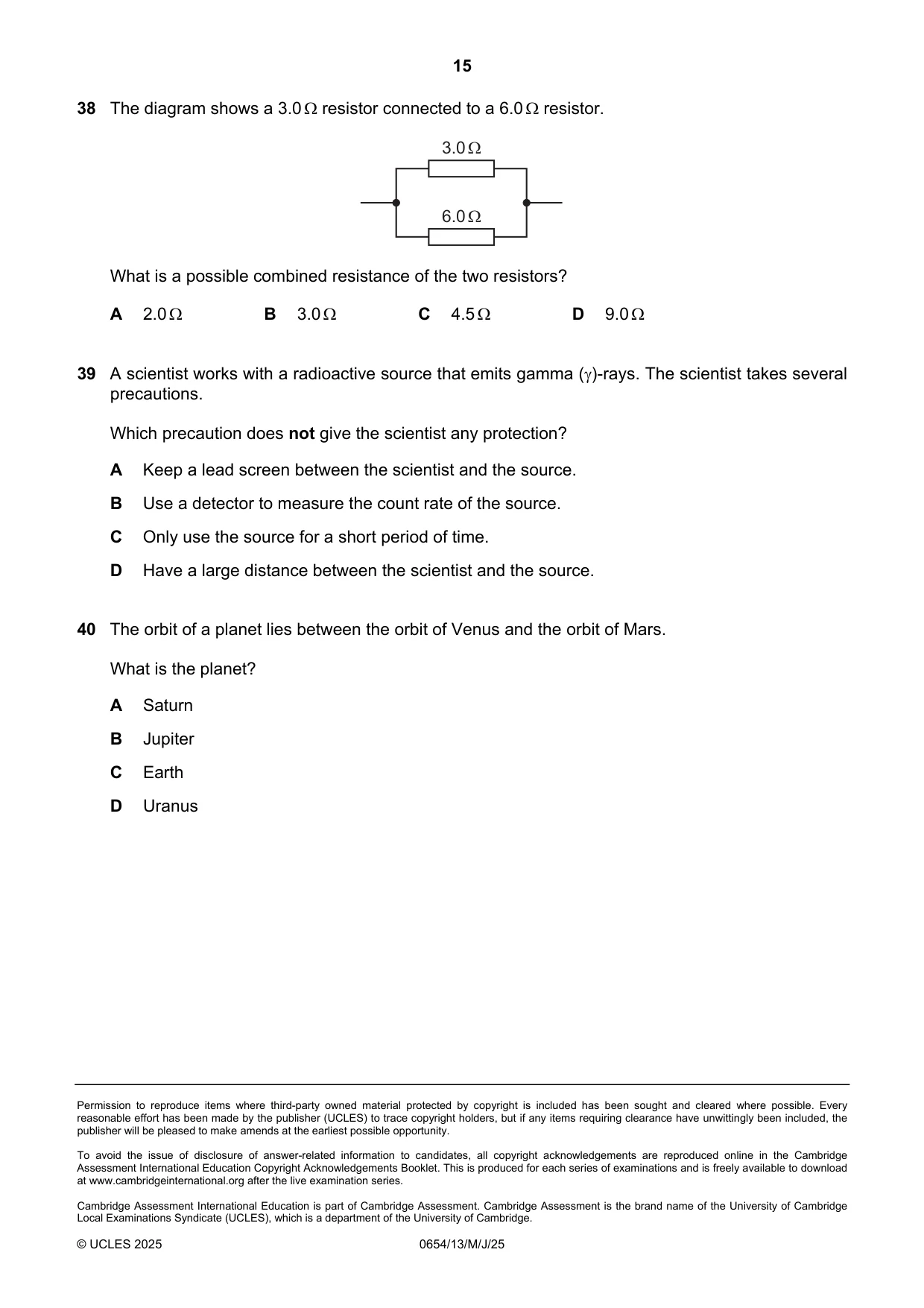 Cambridge IGCSE Sciences - Co-ordinated (Double) 0654 2025 May/June Paper 1 · Variant 3 question paper, page 15 of 16