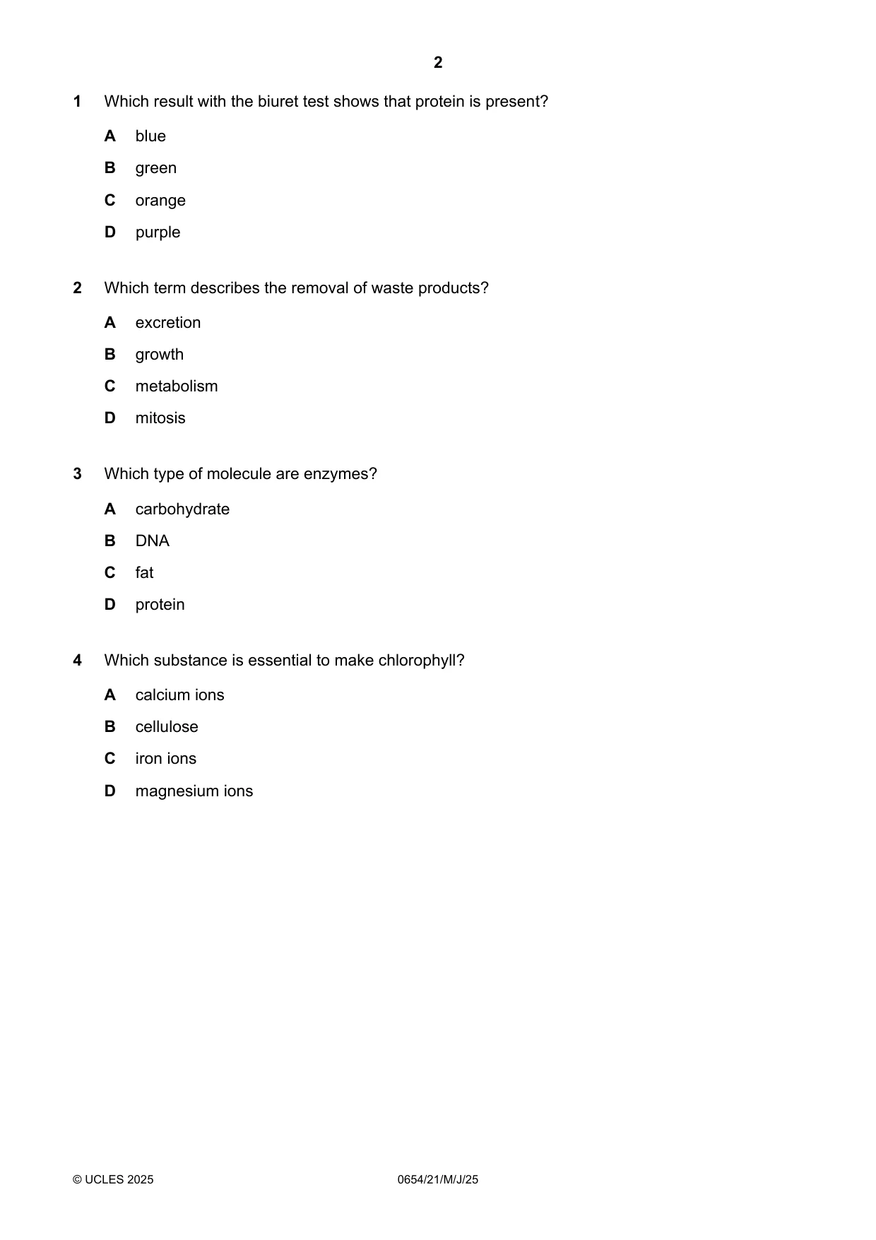 Cambridge IGCSE Sciences - Co-ordinated (Double) 0654 2025 May/June Paper 2 · Variant 1 question paper, page 2 of 16