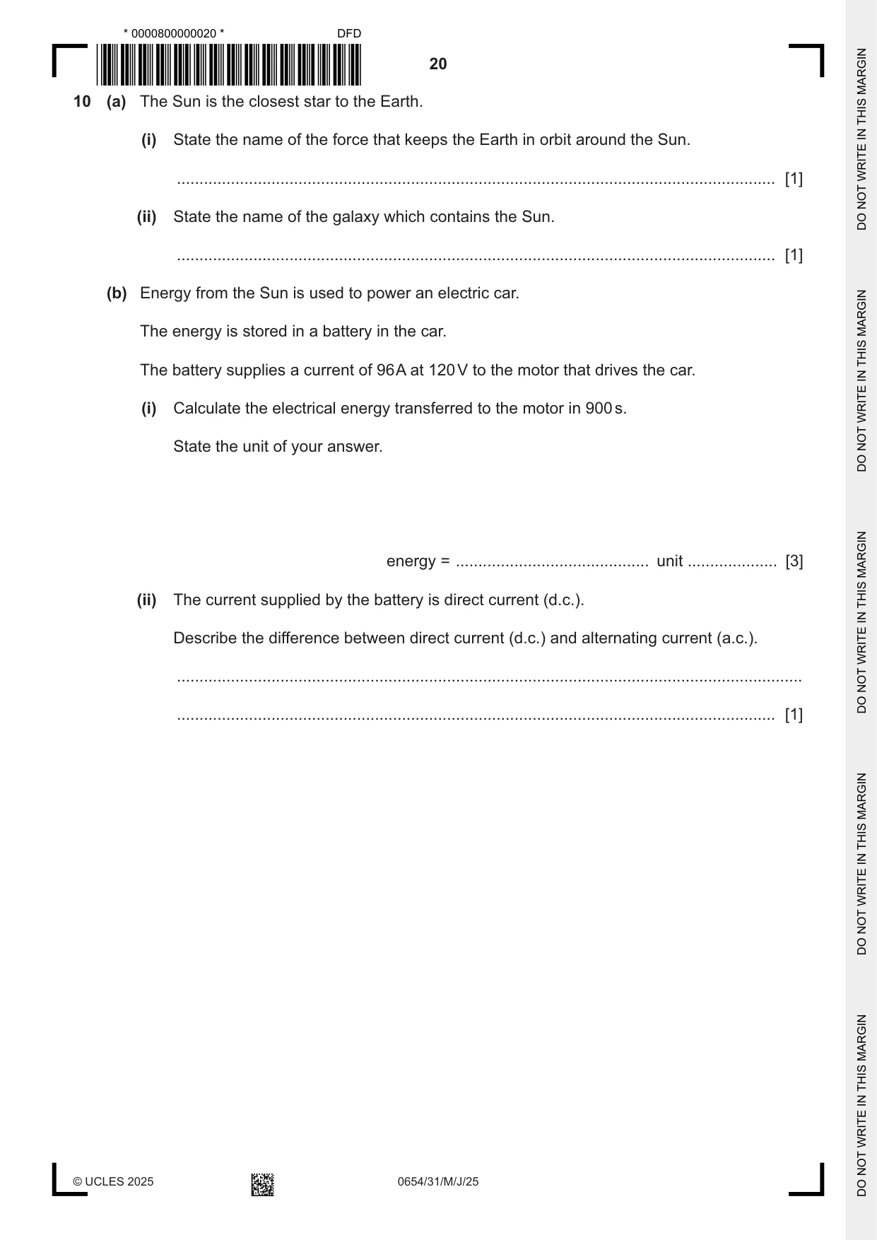 Cambridge IGCSE Sciences - Co-ordinated (Double) 0654 2025 May/June Paper 3 · Variant 1 question paper, page 20 of 28