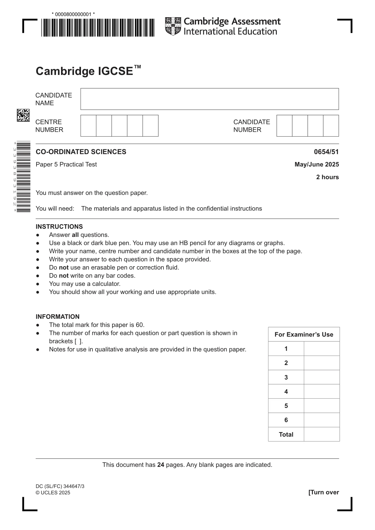 Cambridge IGCSE Sciences - Co-ordinated (Double) 0654 2025 May/June Paper 5 · Variant 1 question paper, page 1 of 24