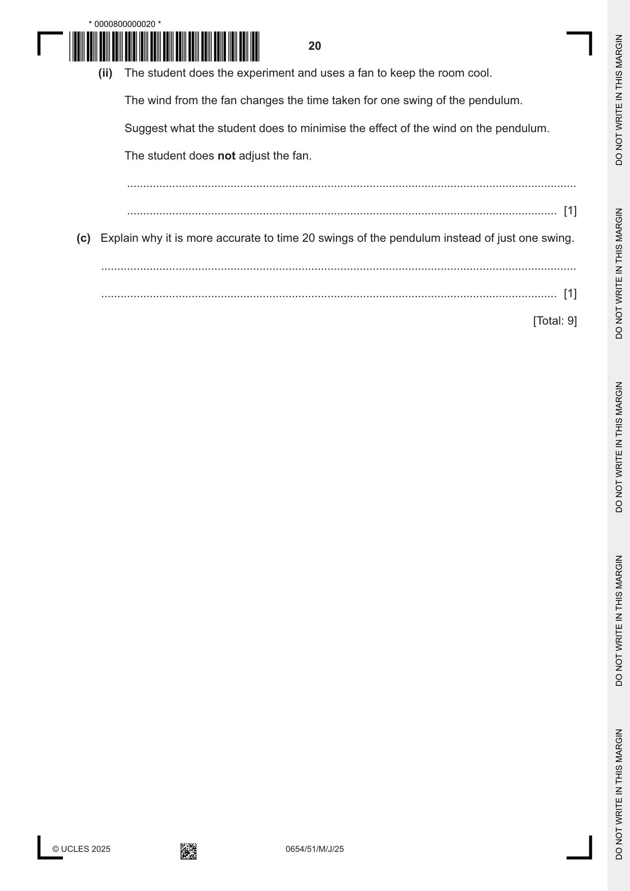 Cambridge IGCSE Sciences - Co-ordinated (Double) 0654 2025 May/June Paper 5 · Variant 1 question paper, page 20 of 24