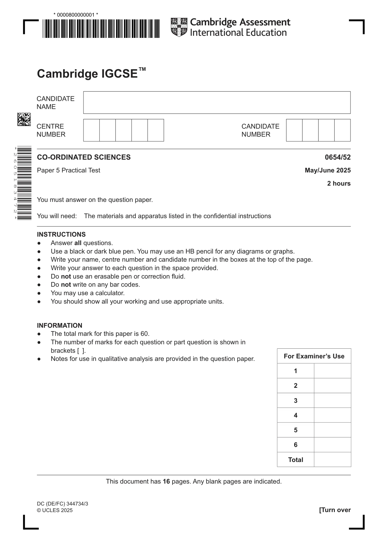 Cambridge IGCSE Sciences - Co-ordinated (Double) 0654 2025 May/June Paper 5 · Variant 2 question paper, page 1 of 16