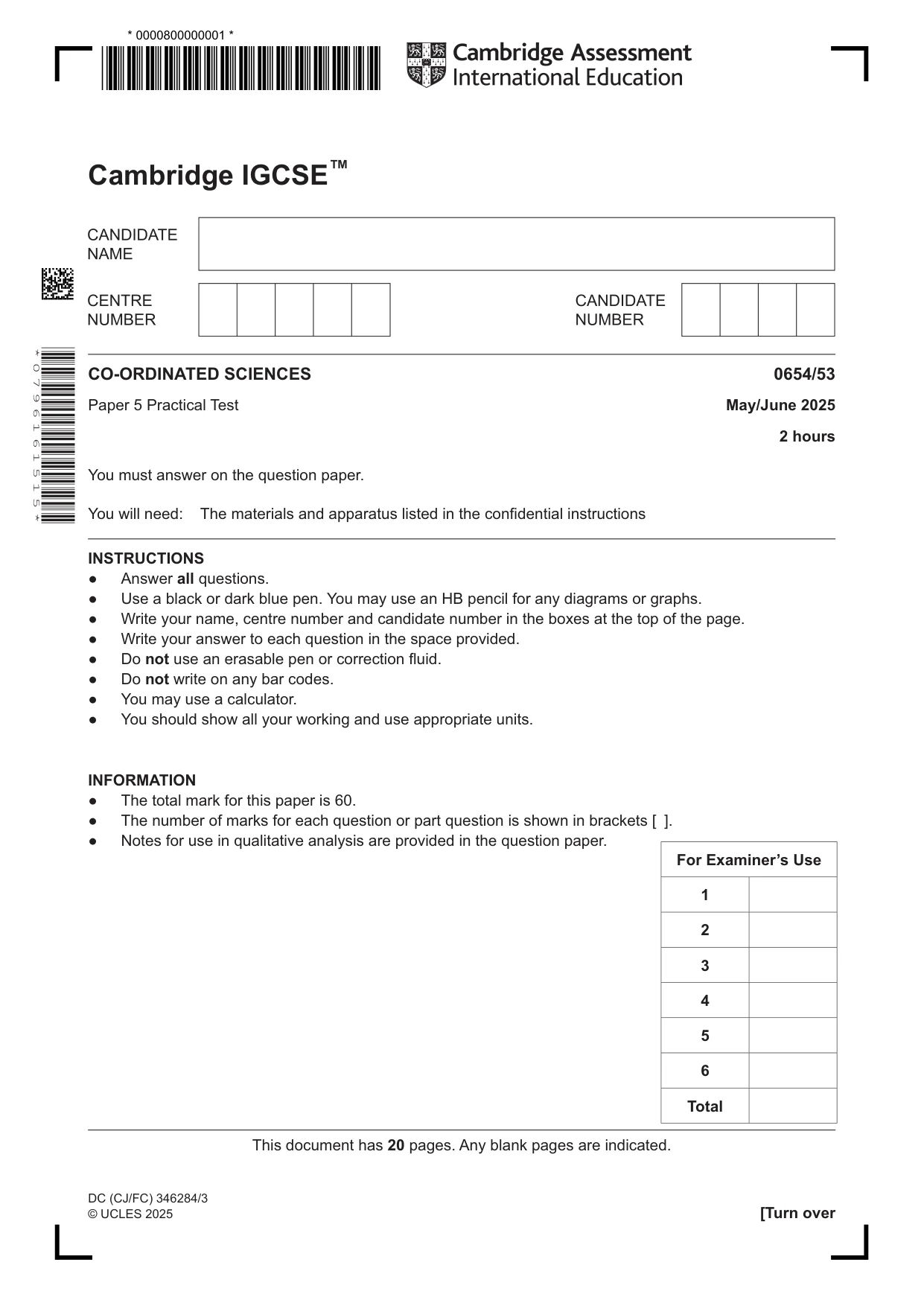 Cambridge IGCSE Sciences - Co-ordinated (Double) 0654 2025 May/June Paper 5 · Variant 3 question paper, page 1 of 20