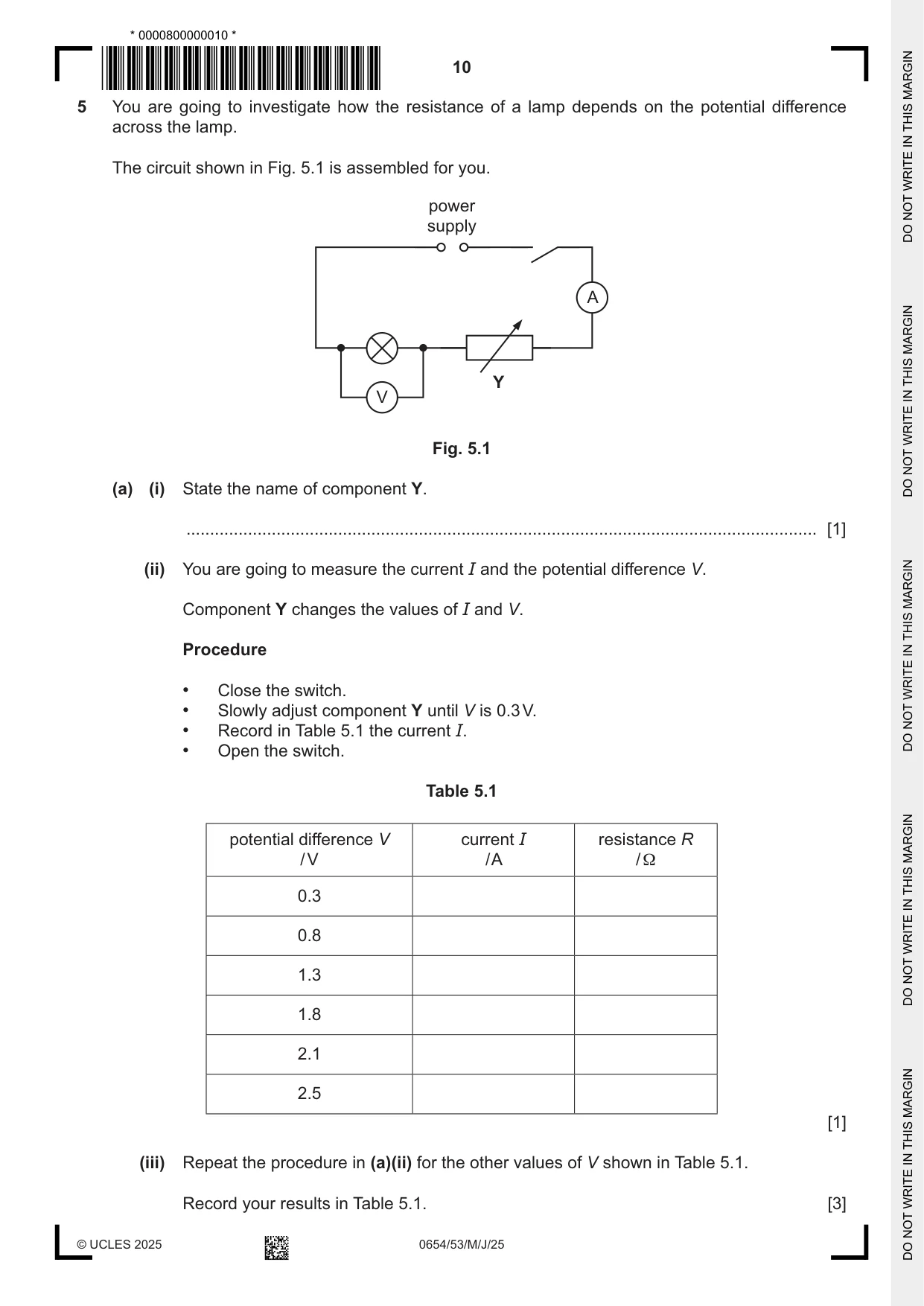 Cambridge IGCSE Sciences - Co-ordinated (Double) 0654 2025 May/June Paper 5 · Variant 3 question paper, page 10 of 20