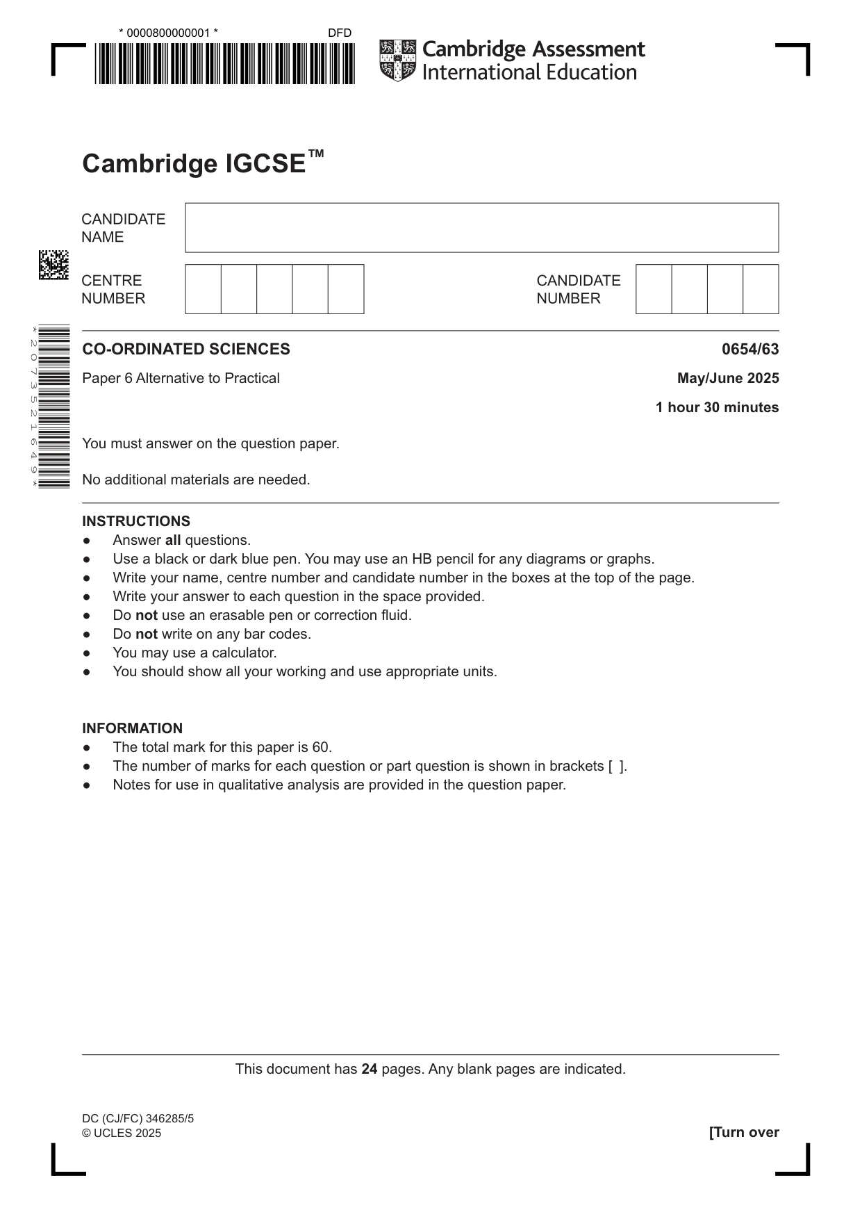 Cambridge IGCSE Sciences - Co-ordinated (Double) 0654 2025 May/June Paper 6 · Variant 3 question paper, page 1 of 24