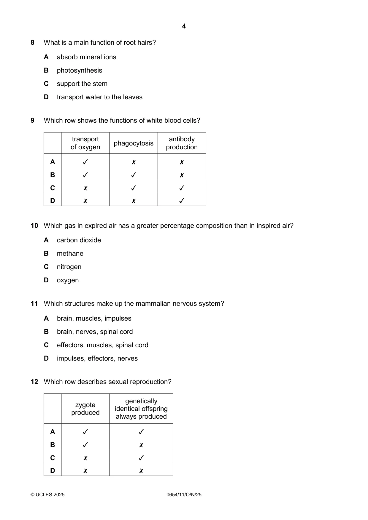 Cambridge IGCSE Sciences - Co-ordinated (Double) 0654 2025 Oct/Nov Paper 1 · Variant 1 question paper, page 4 of 16