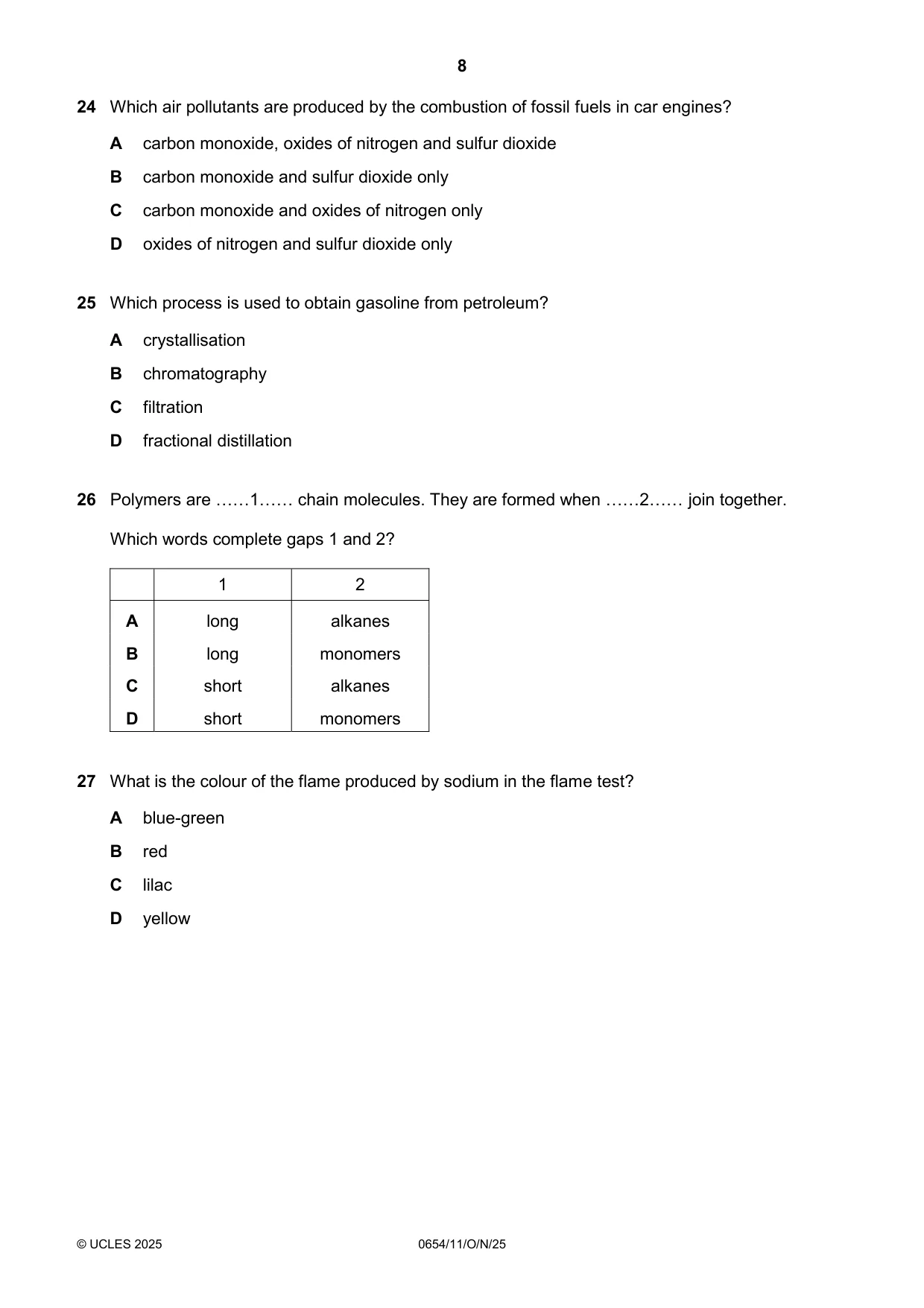 Cambridge IGCSE Sciences - Co-ordinated (Double) 0654 2025 Oct/Nov Paper 1 · Variant 1 question paper, page 8 of 16