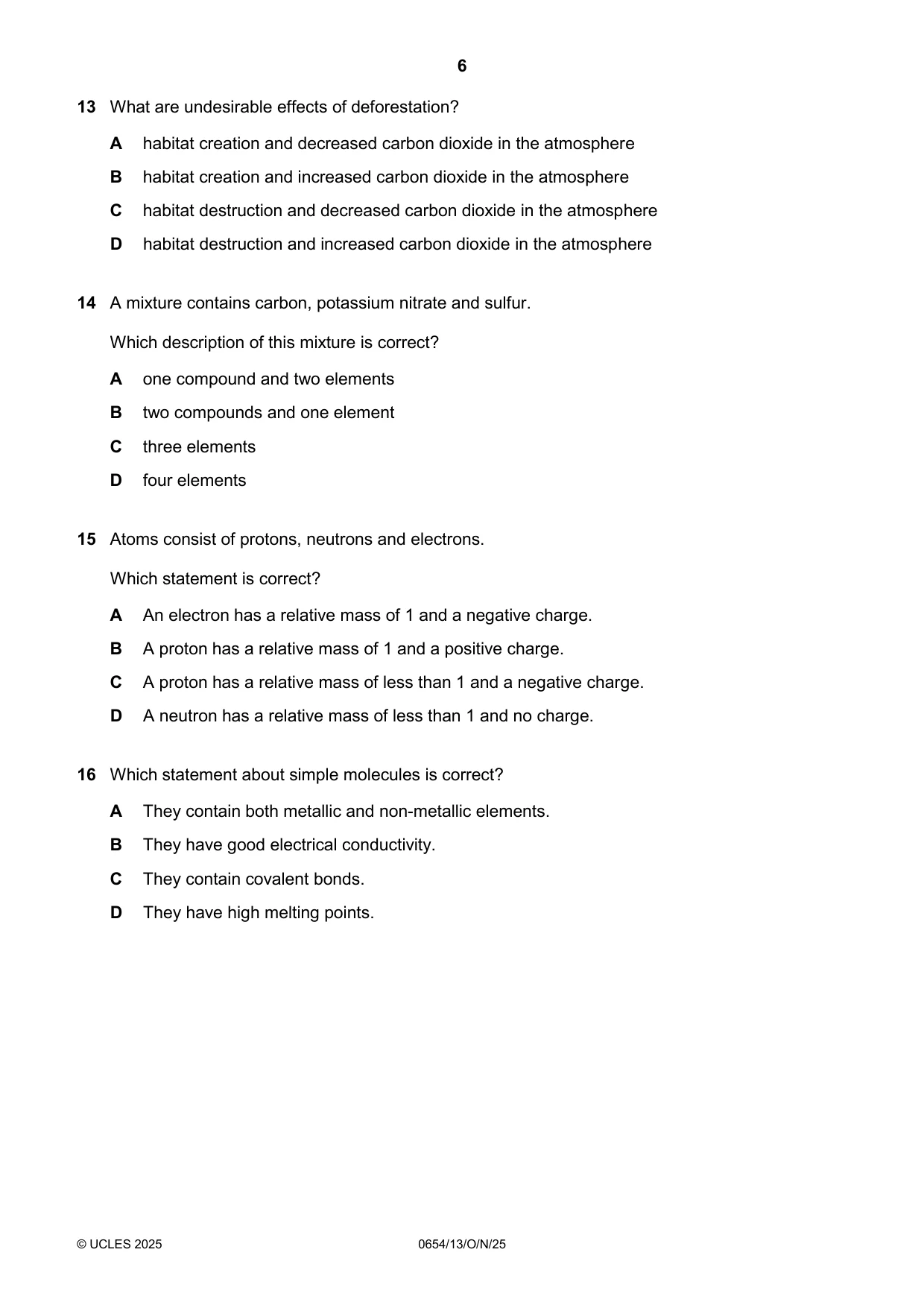 Cambridge IGCSE Sciences - Co-ordinated (Double) 0654 2025 Oct/Nov Paper 1 · Variant 3 question paper, page 6 of 16