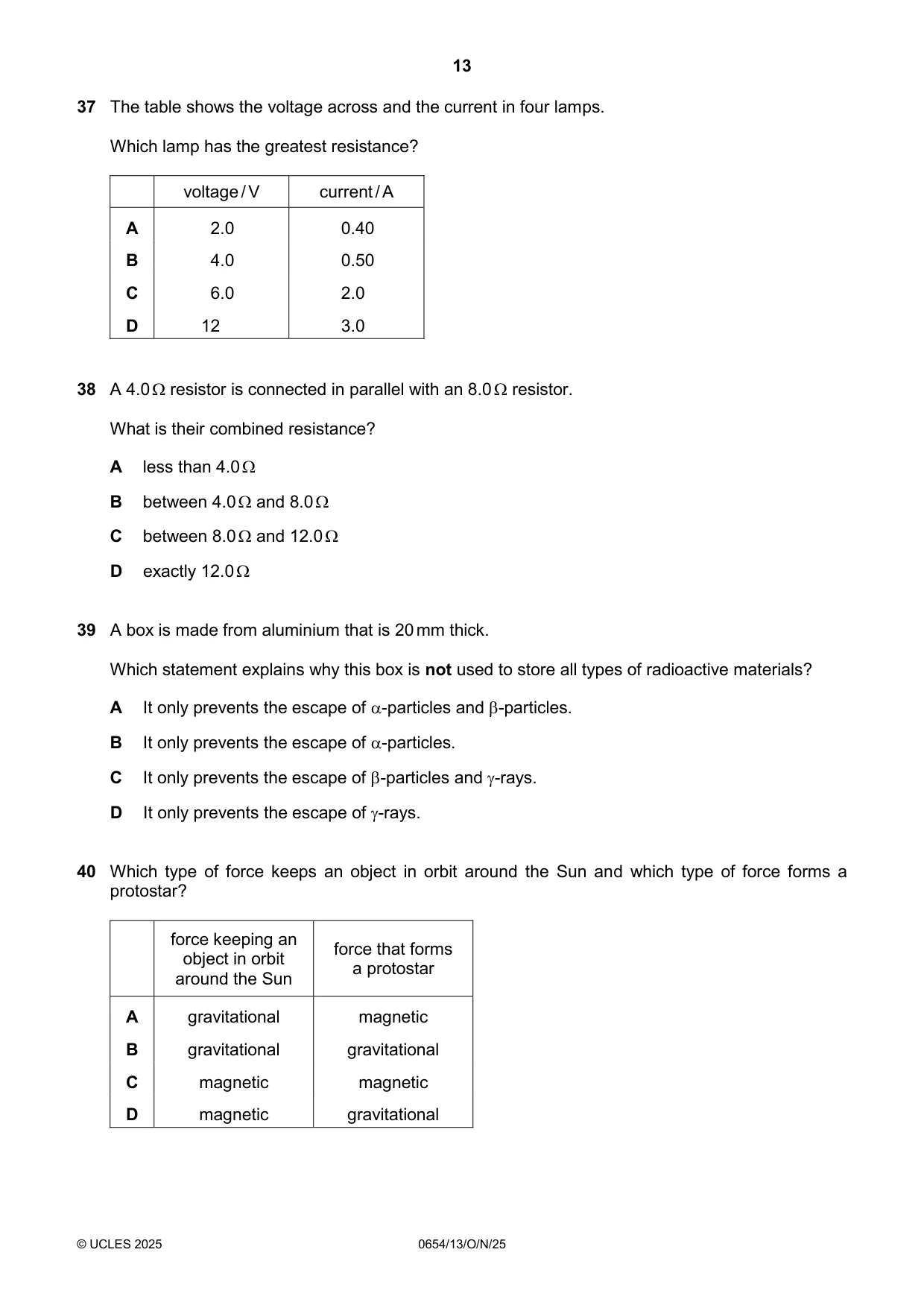 Cambridge IGCSE Sciences - Co-ordinated (Double) 0654 2025 Oct/Nov Paper 1 · Variant 3 question paper, page 13 of 16