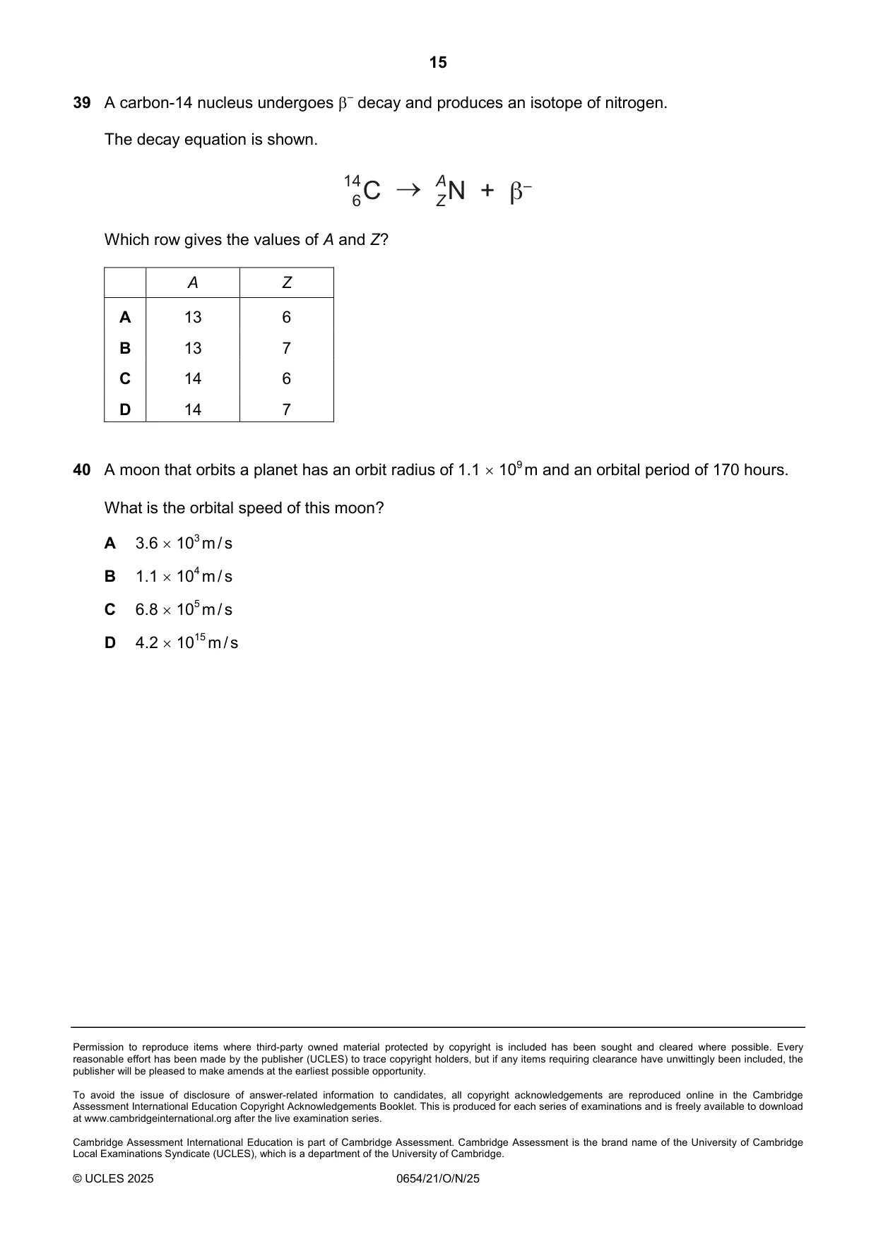 Cambridge IGCSE Sciences - Co-ordinated (Double) 0654 2025 Oct/Nov Paper 2 · Variant 1 question paper, page 15 of 16
