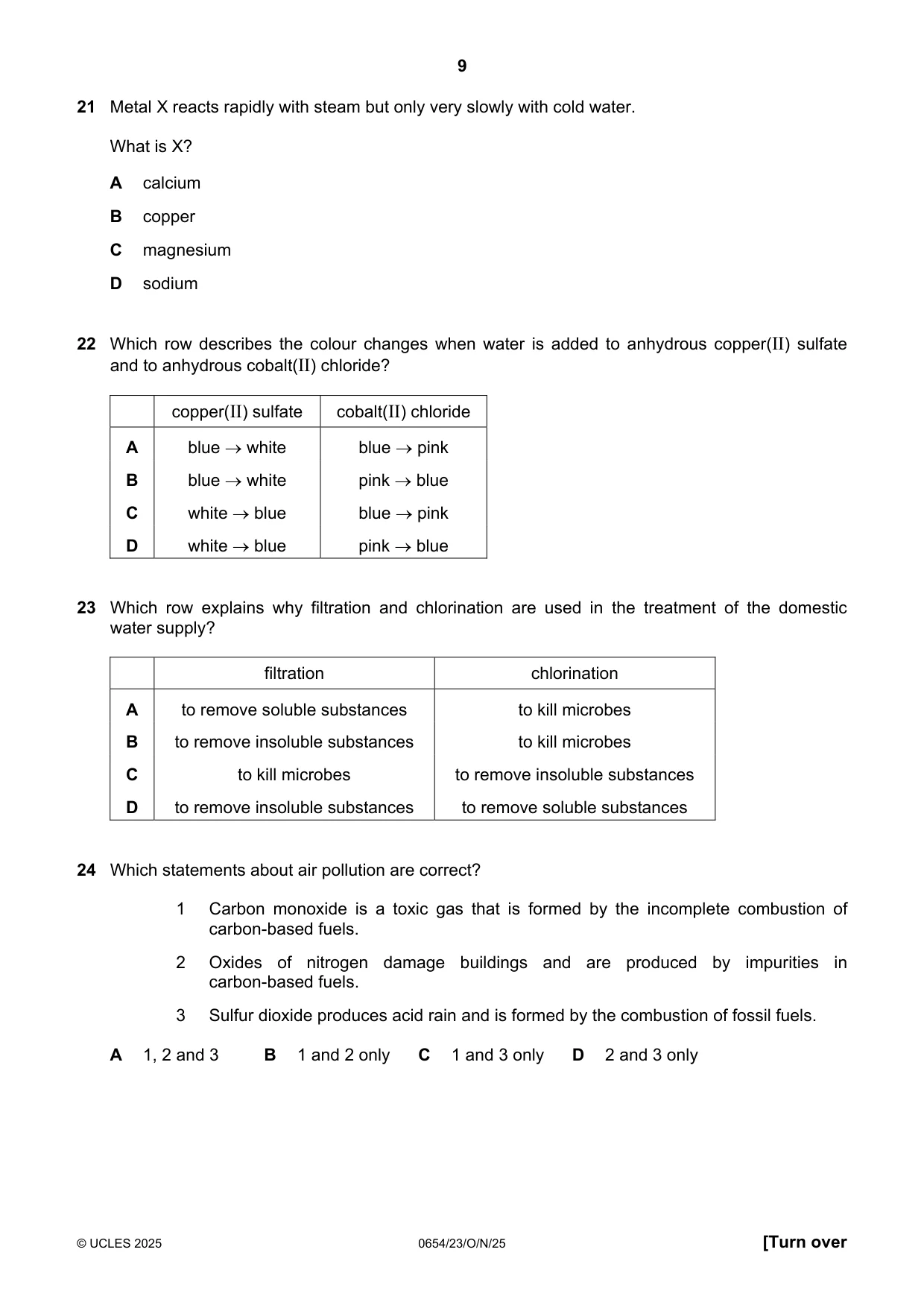 Cambridge IGCSE Sciences - Co-ordinated (Double) 0654 2025 Oct/Nov Paper 2 · Variant 3 question paper, page 9 of 16