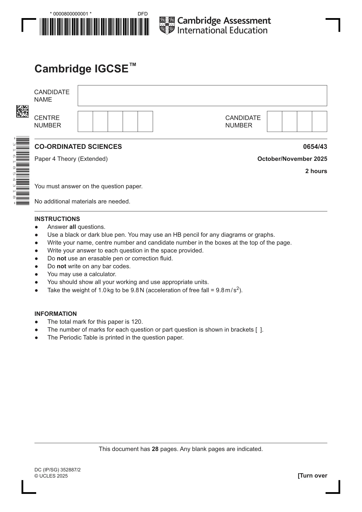 Cambridge IGCSE Sciences - Co-ordinated (Double) 0654 2025 Oct/Nov Paper 4 · Variant 3 question paper, page 1 of 28
