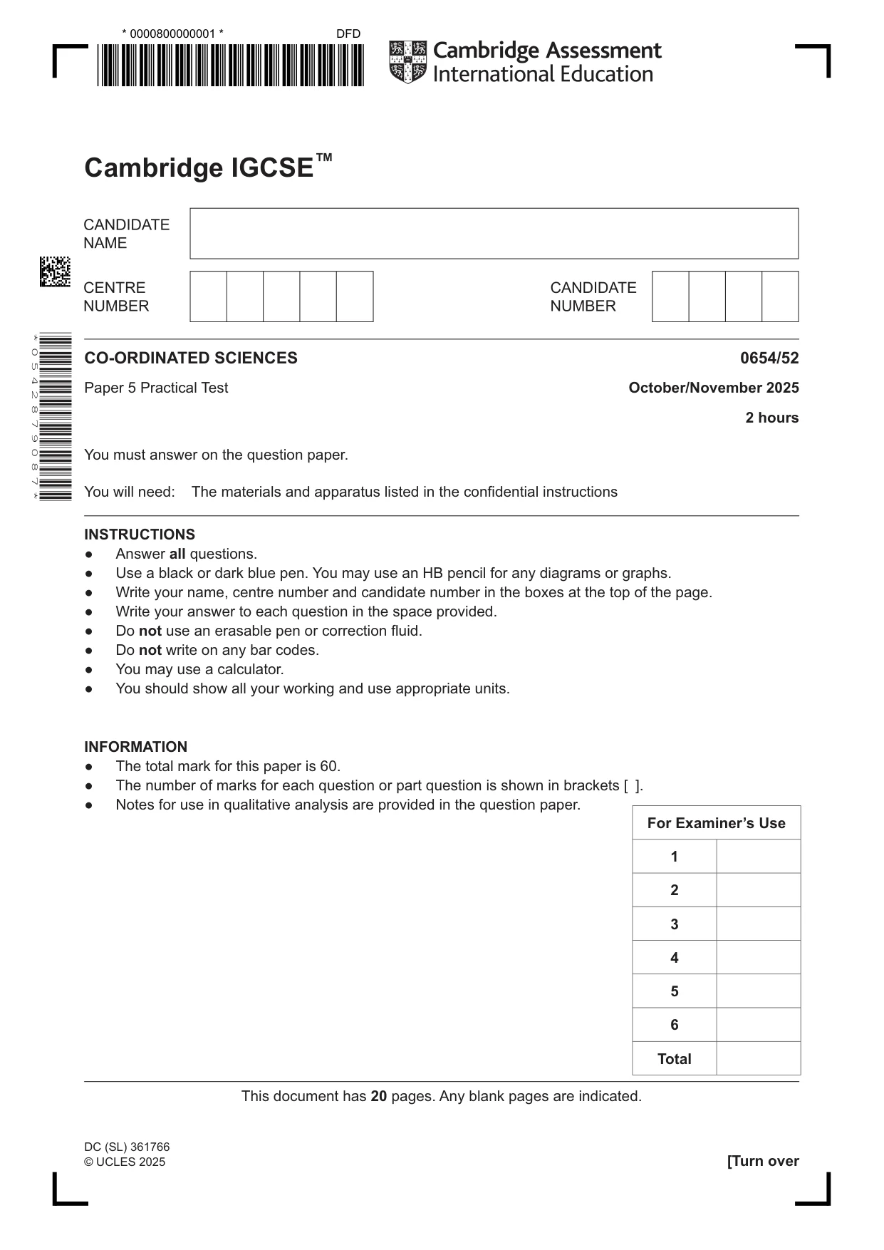 Cambridge IGCSE Sciences - Co-ordinated (Double) 0654 2025 Oct/Nov Paper 5 · Variant 2 question paper, page 1 of 20