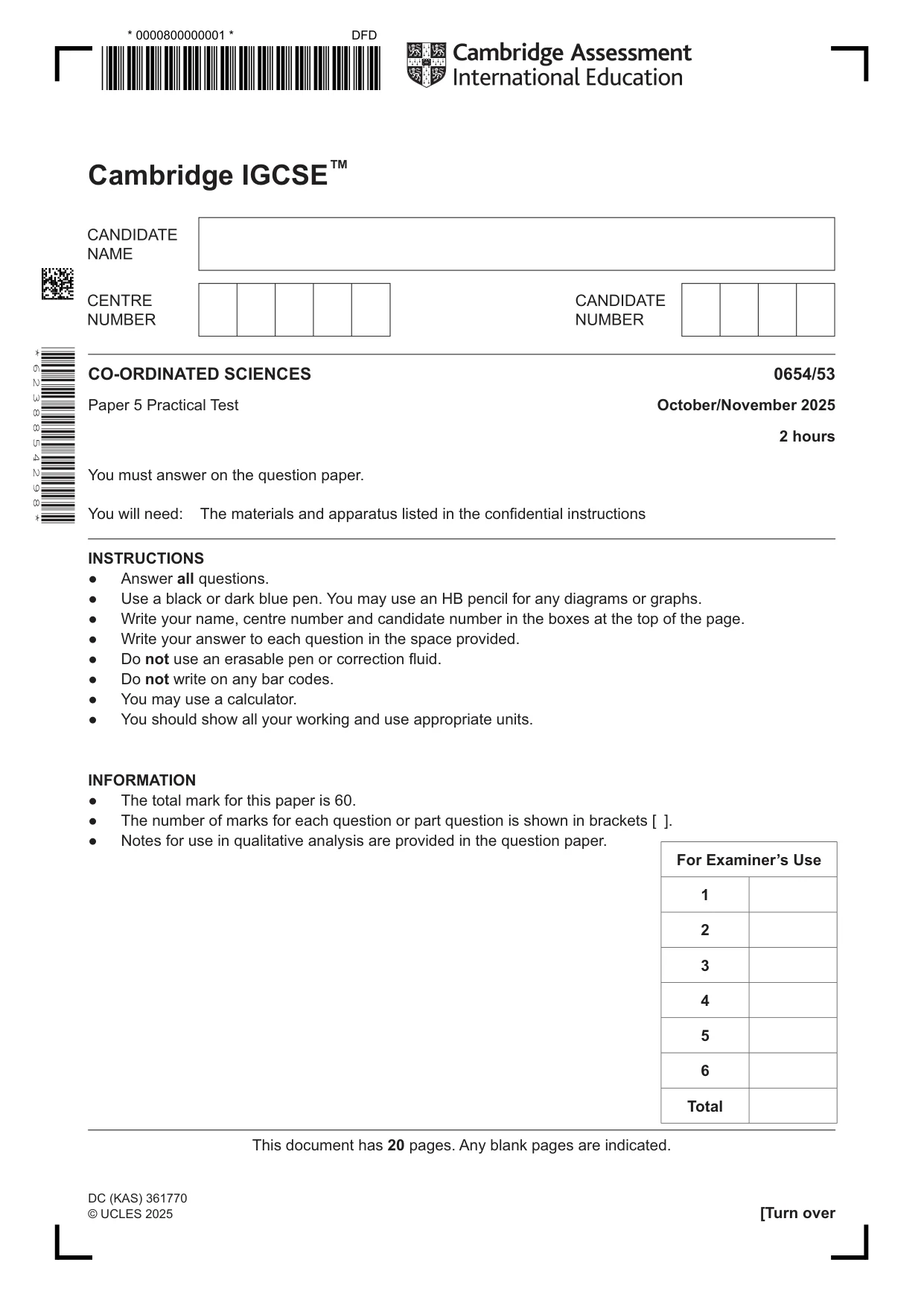 Cambridge IGCSE Sciences - Co-ordinated (Double) 0654 2025 Oct/Nov Paper 5 · Variant 3 question paper, page 1 of 20