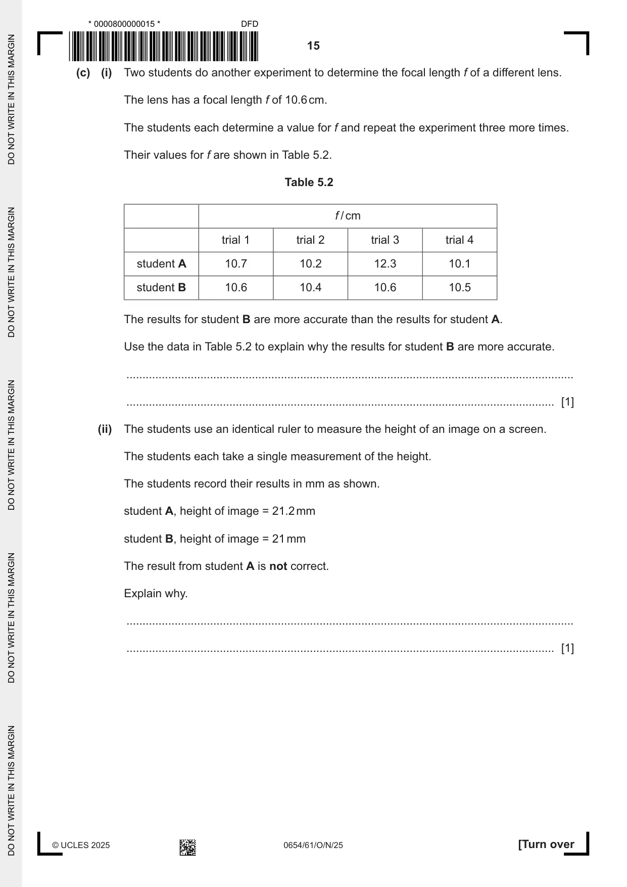 Cambridge IGCSE Sciences - Co-ordinated (Double) 0654 2025 Oct/Nov Paper 6 · Variant 1 question paper, page 15 of 20