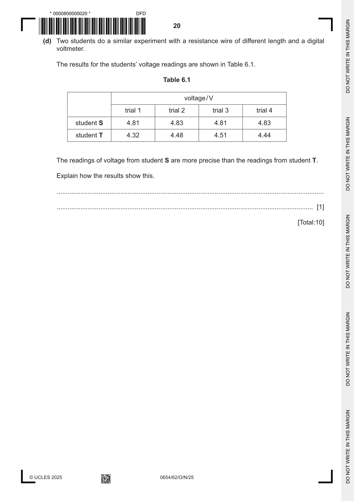 Cambridge IGCSE Sciences - Co-ordinated (Double) 0654 2025 Oct/Nov Paper 6 · Variant 2 question paper, page 20 of 24