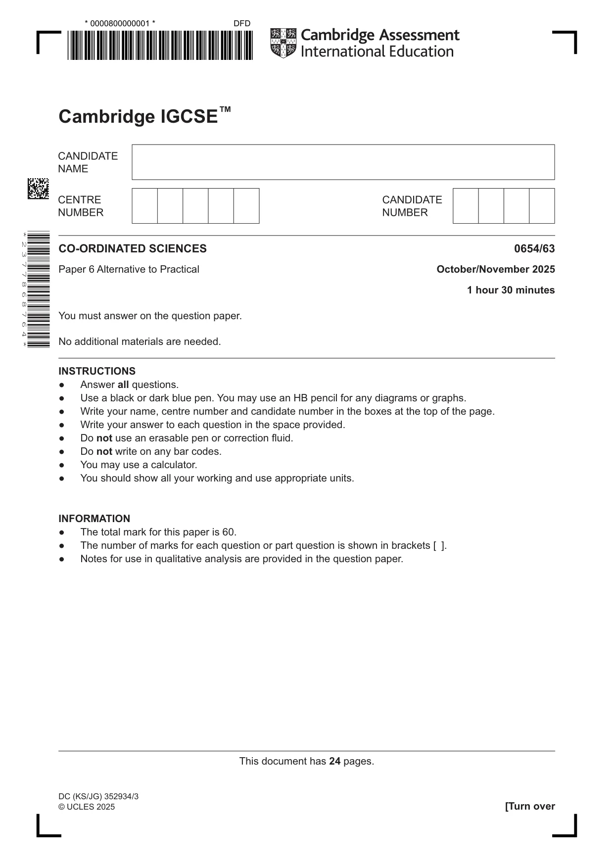 Cambridge IGCSE Sciences - Co-ordinated (Double) 0654 2025 Oct/Nov Paper 6 · Variant 3 question paper, page 1 of 24