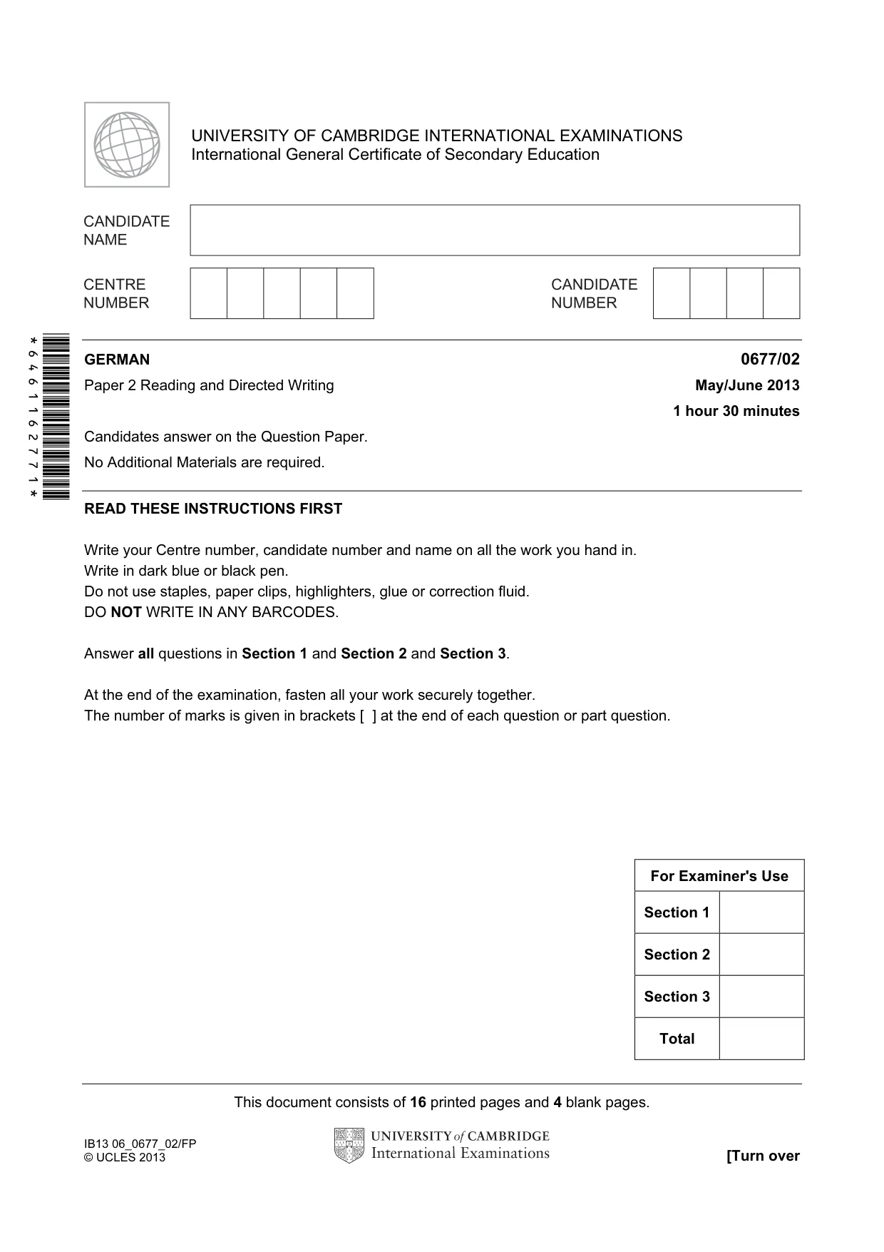 Cambridge IGCSE German - Foreign Language (UK) 0677 2013 May/June Paper 2 · Variant 1 question paper, page 1 of 20