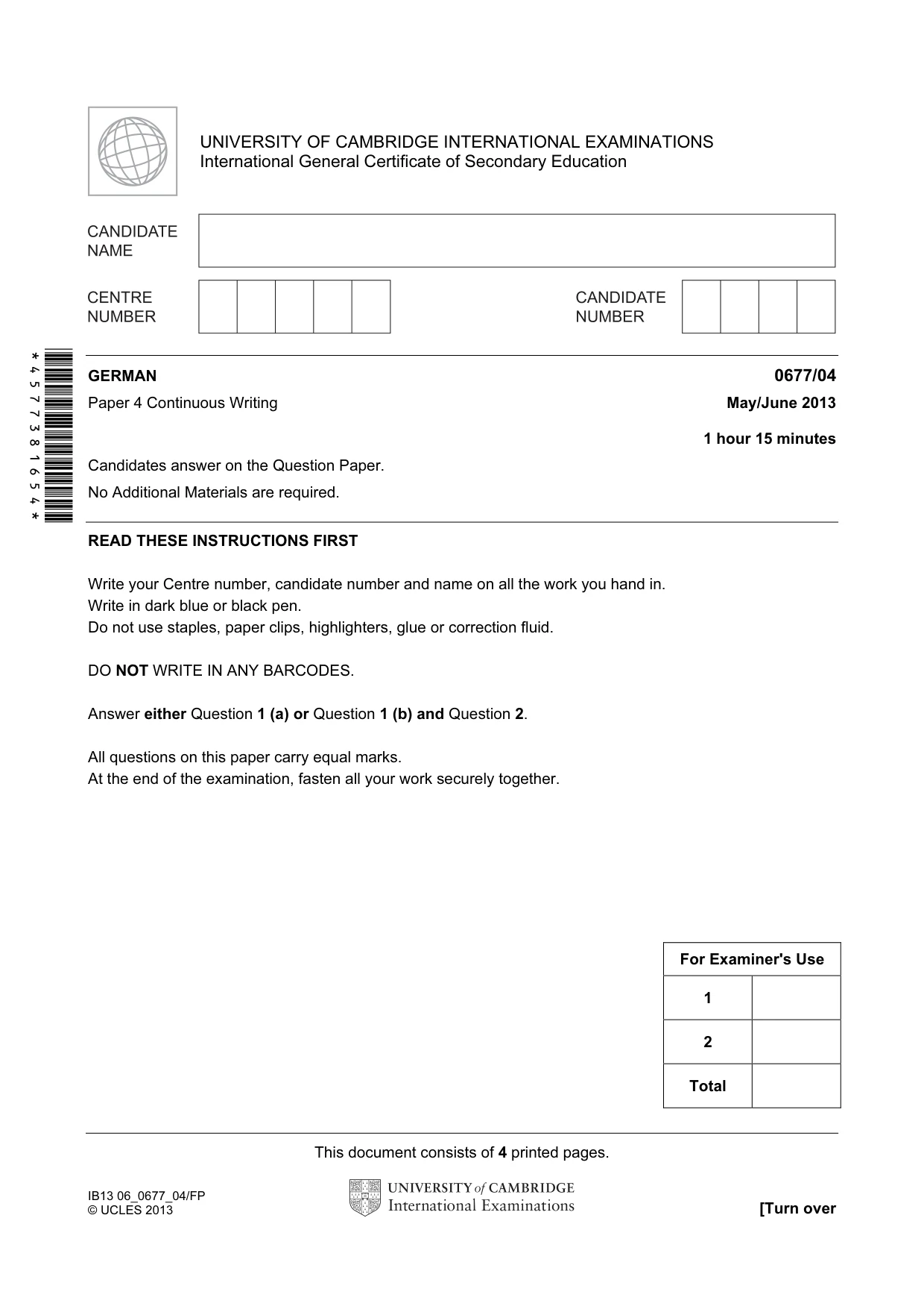 Cambridge IGCSE German - Foreign Language (UK) 0677 2013 May/June Paper 4 · Variant 1 question paper, page 1 of 4