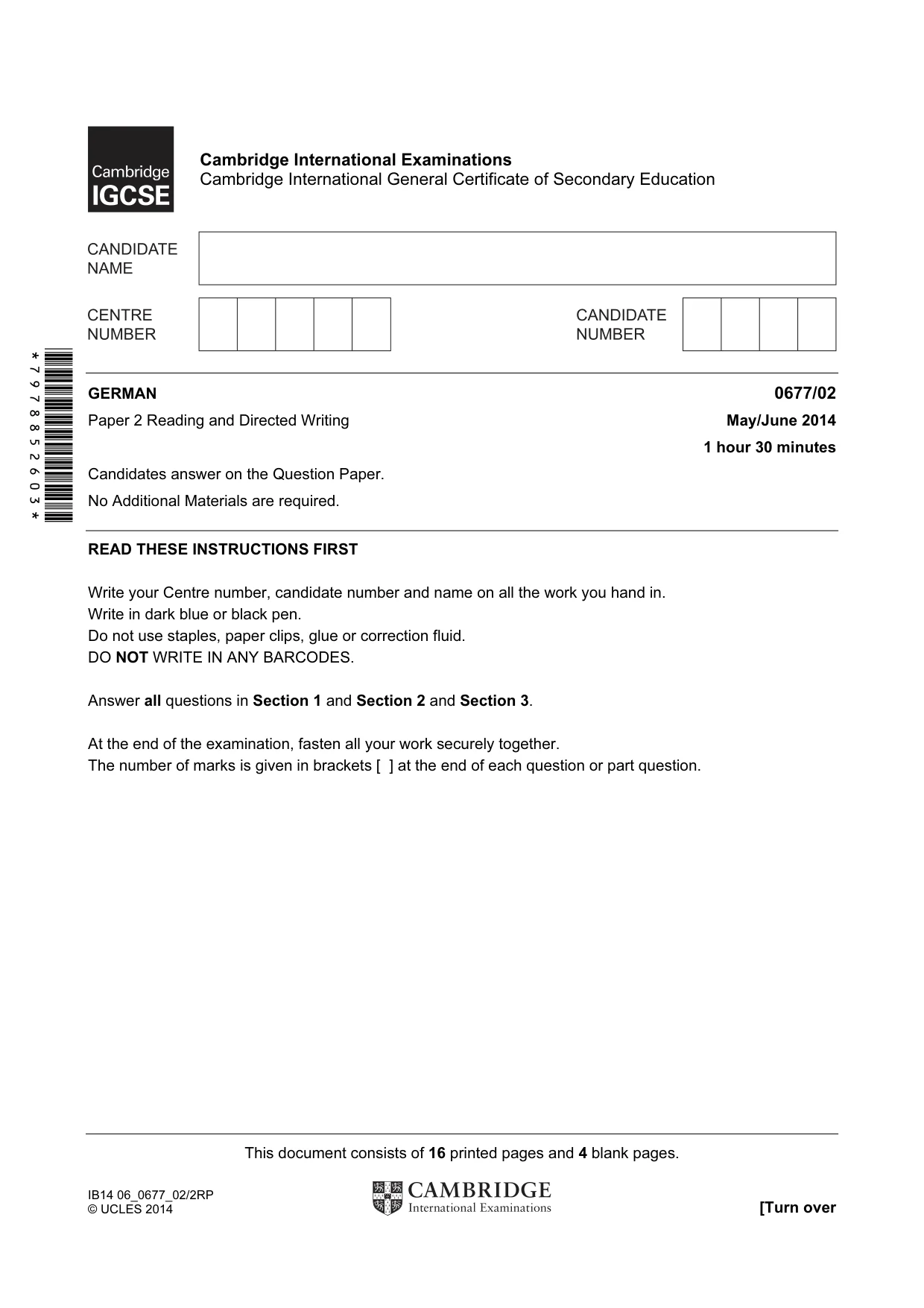 Cambridge IGCSE German - Foreign Language (UK) 0677 2014 May/June Paper 2 · Variant 0 question paper, page 1 of 20