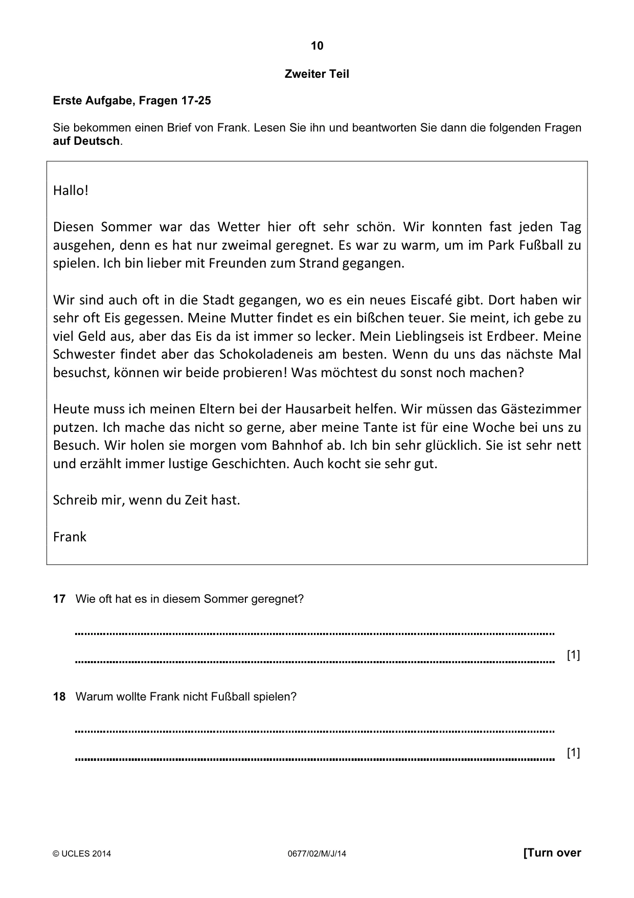 Cambridge IGCSE German - Foreign Language (UK) 0677 2014 May/June Paper 2 · Variant 0 question paper, page 10 of 20