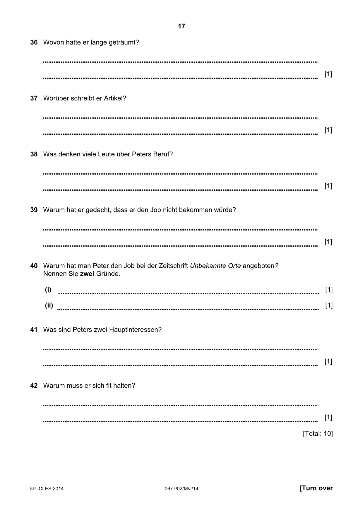 Cambridge IGCSE German - Foreign Language (UK) 0677 2014 May/June Paper 2 · Variant 0 question paper, page 17 of 20
