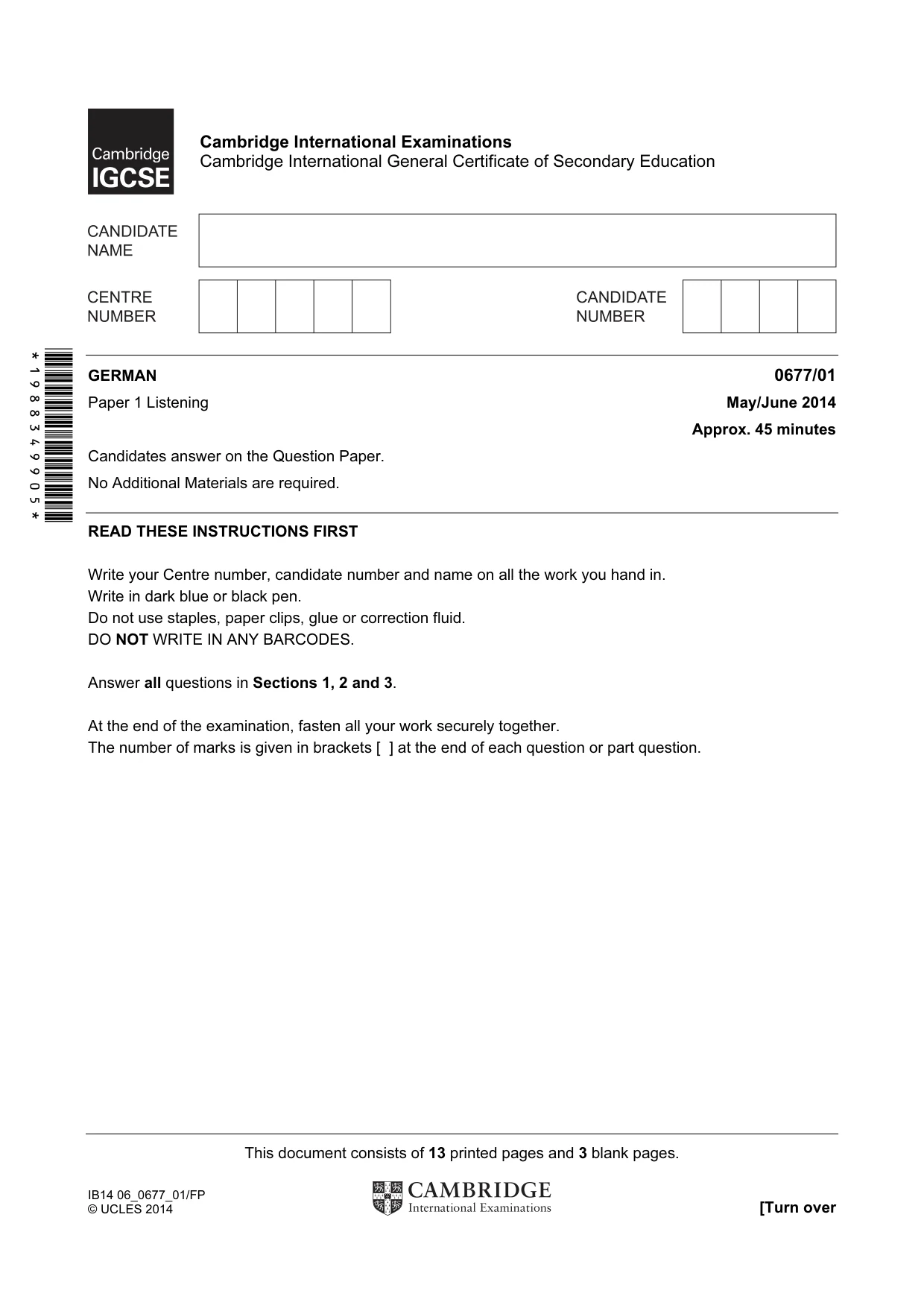 Cambridge IGCSE German - Foreign Language (UK) 0677 2014 May/June Paper 1 · Variant 1 question paper, page 1 of 16