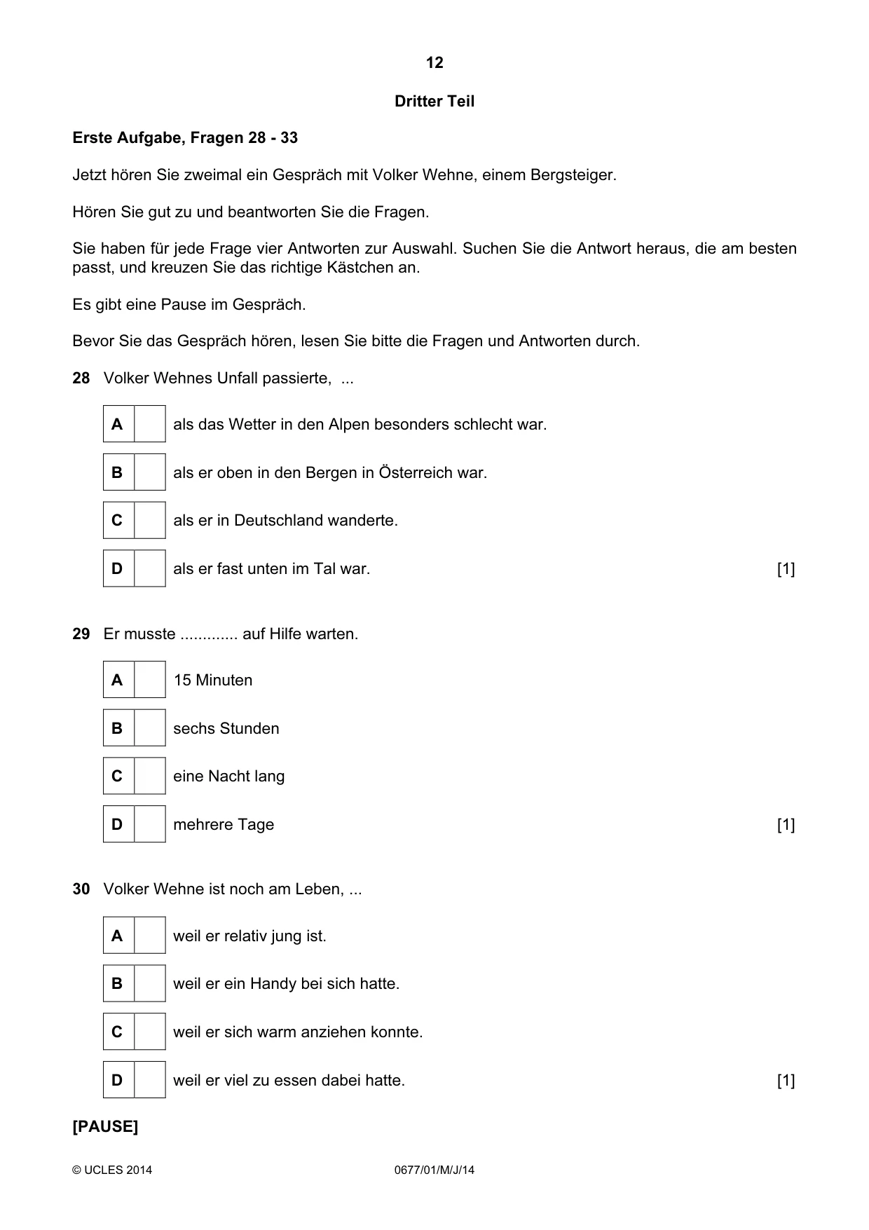 Cambridge IGCSE German - Foreign Language (UK) 0677 2014 May/June Paper 1 · Variant 1 question paper, page 12 of 16