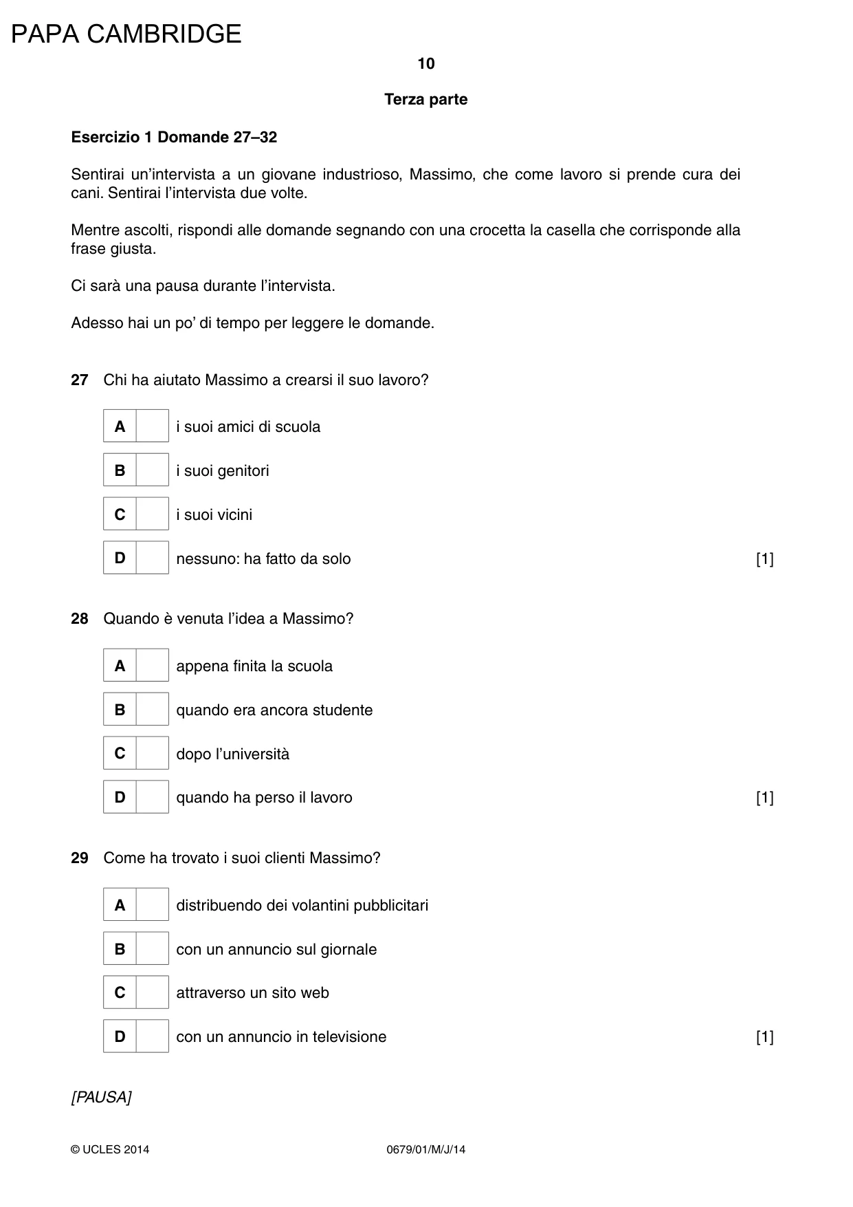 Cambridge IGCSE Italian - Foreign Language (UK) 0679 2014 May/June Paper 1 · Variant 1 question paper, page 10 of 12