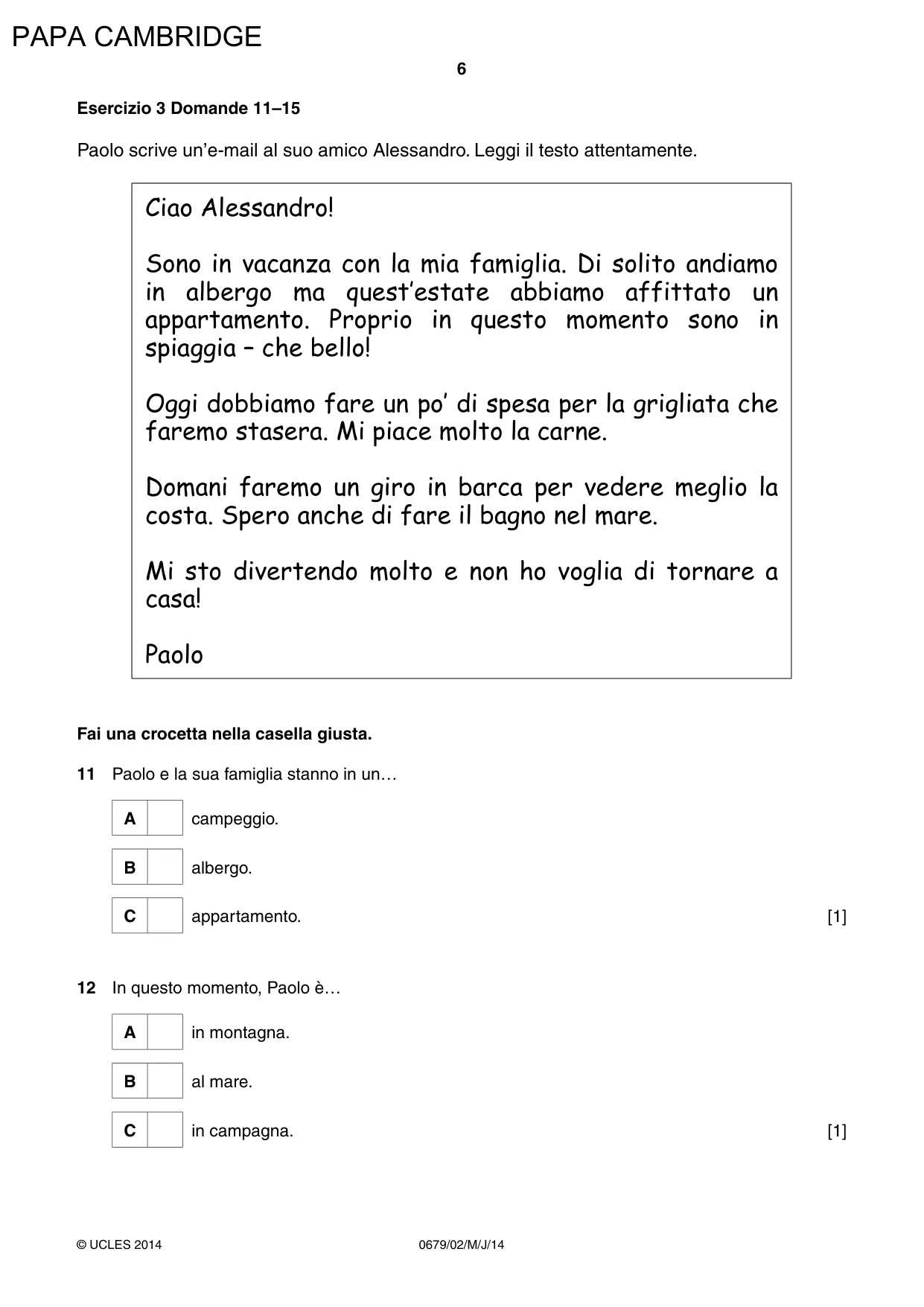 Cambridge IGCSE Italian - Foreign Language (UK) 0679 2014 May/June Paper 2 · Variant 1 question paper, page 6 of 20