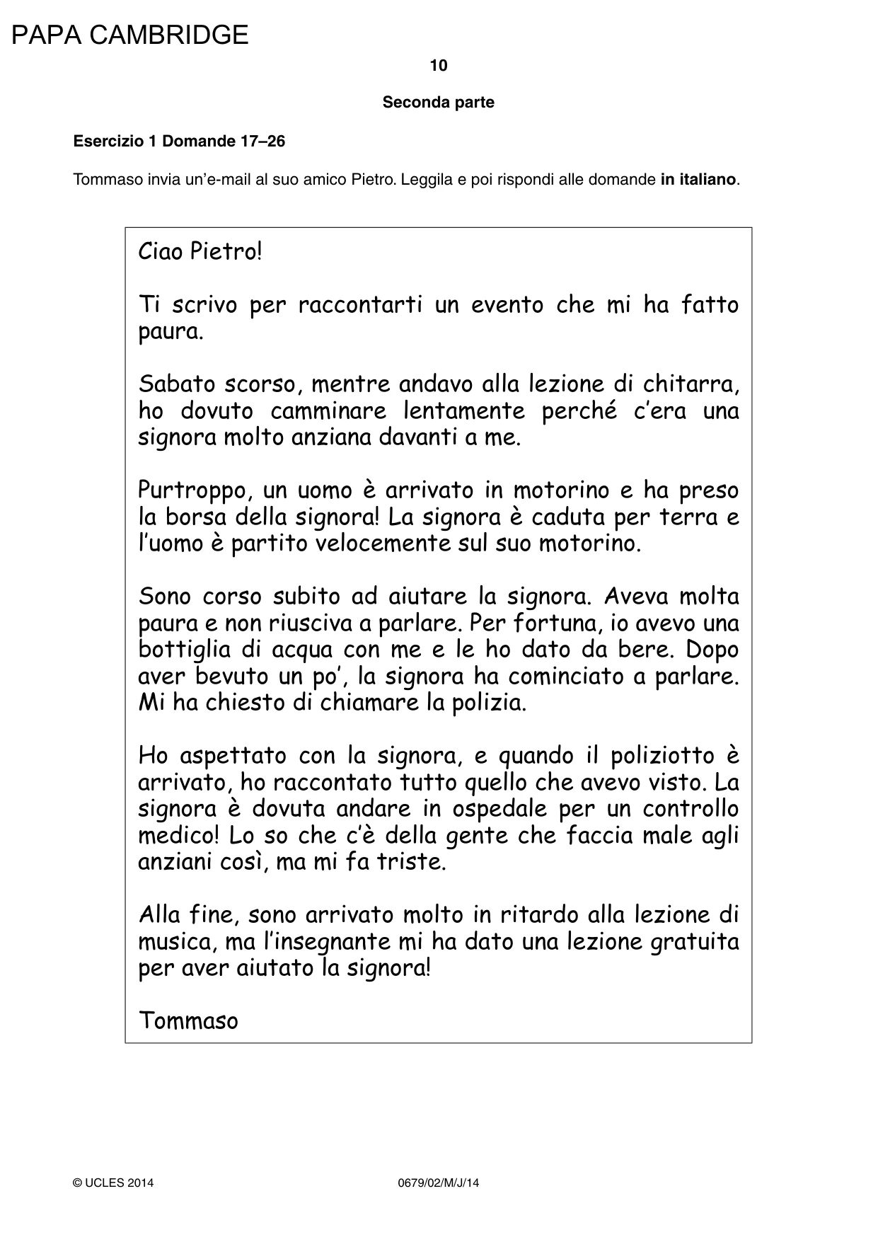 Cambridge IGCSE Italian - Foreign Language (UK) 0679 2014 May/June Paper 2 · Variant 1 question paper, page 10 of 20