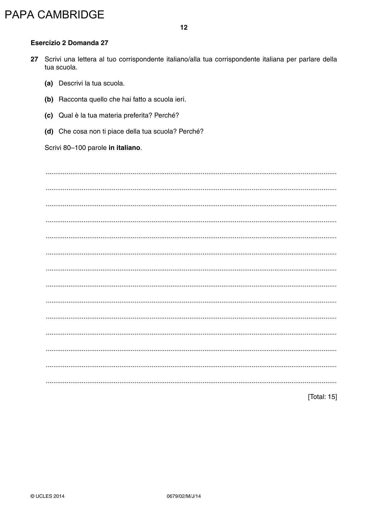Cambridge IGCSE Italian - Foreign Language (UK) 0679 2014 May/June Paper 2 · Variant 1 question paper, page 12 of 20