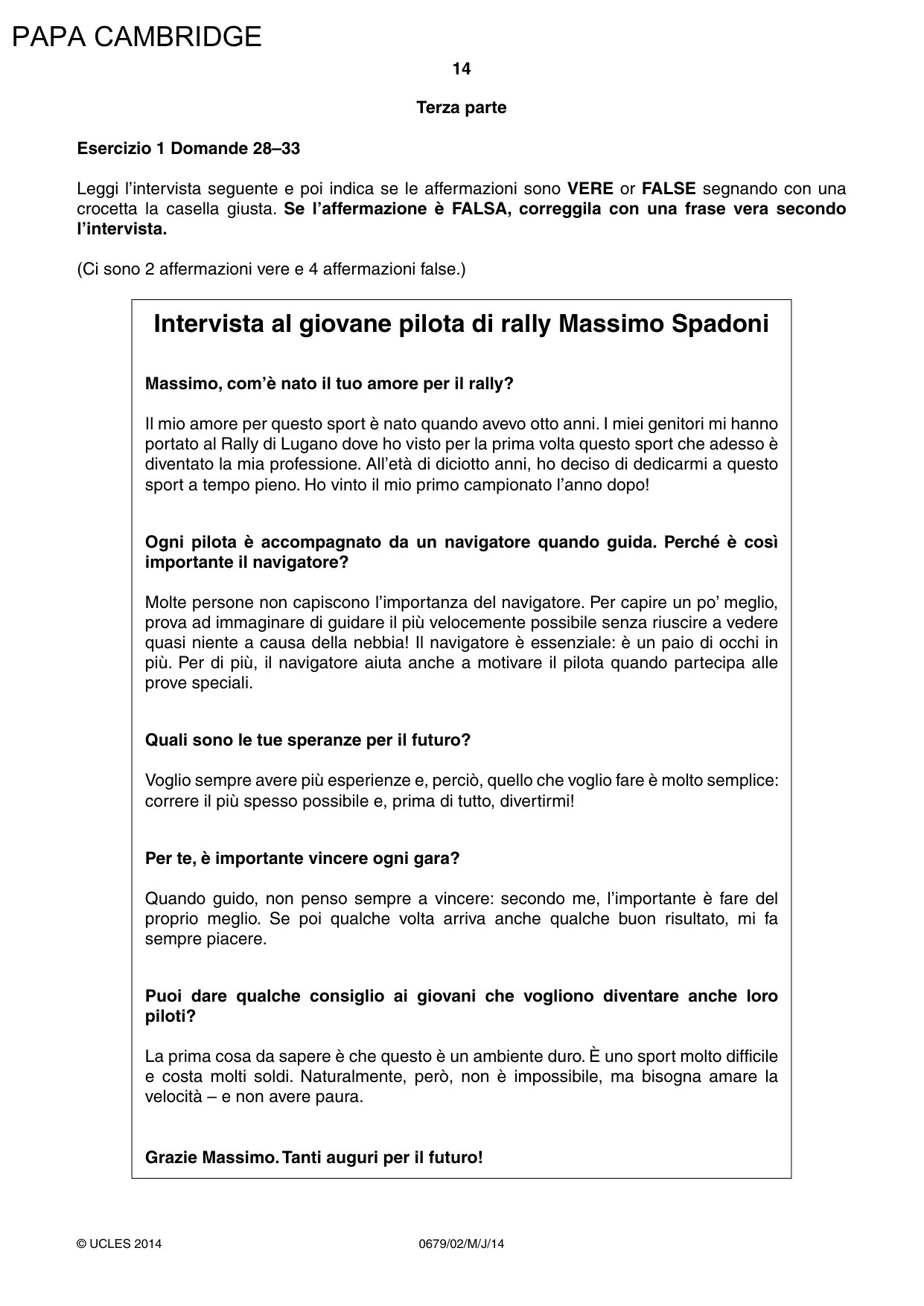 Cambridge IGCSE Italian - Foreign Language (UK) 0679 2014 May/June Paper 2 · Variant 1 question paper, page 14 of 20