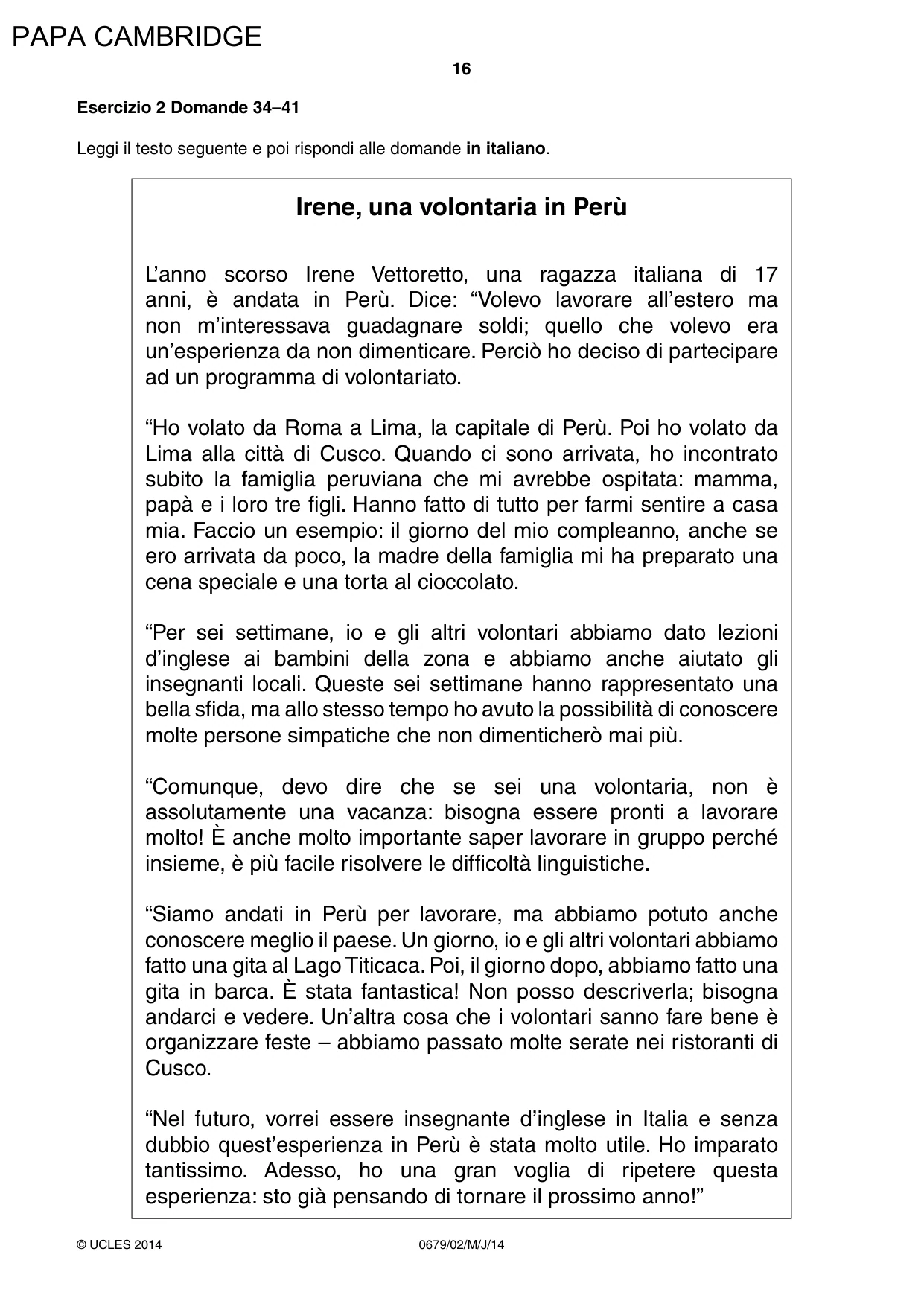 Cambridge IGCSE Italian - Foreign Language (UK) 0679 2014 May/June Paper 2 · Variant 1 question paper, page 16 of 20