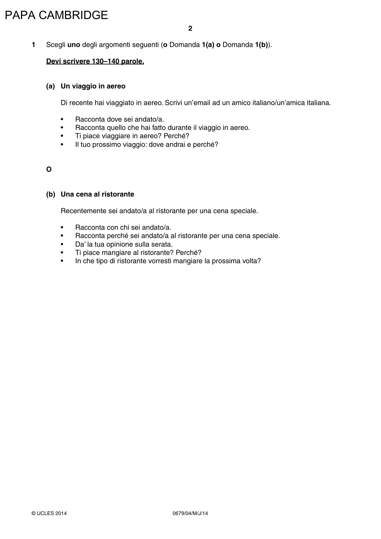 Cambridge IGCSE Italian - Foreign Language (UK) 0679 2014 May/June Paper 4 · Variant 1 question paper, page 2 of 4