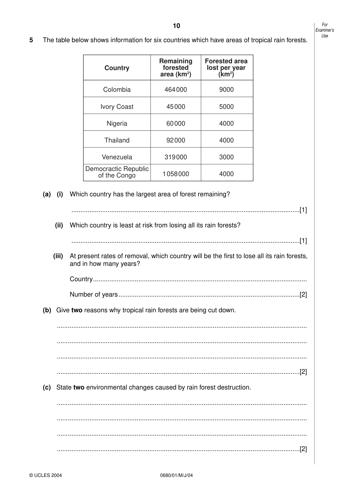 Cambridge IGCSE Environmental Management 0680 2004 May/June Paper 1 · Variant 1 question paper, page 10 of 12